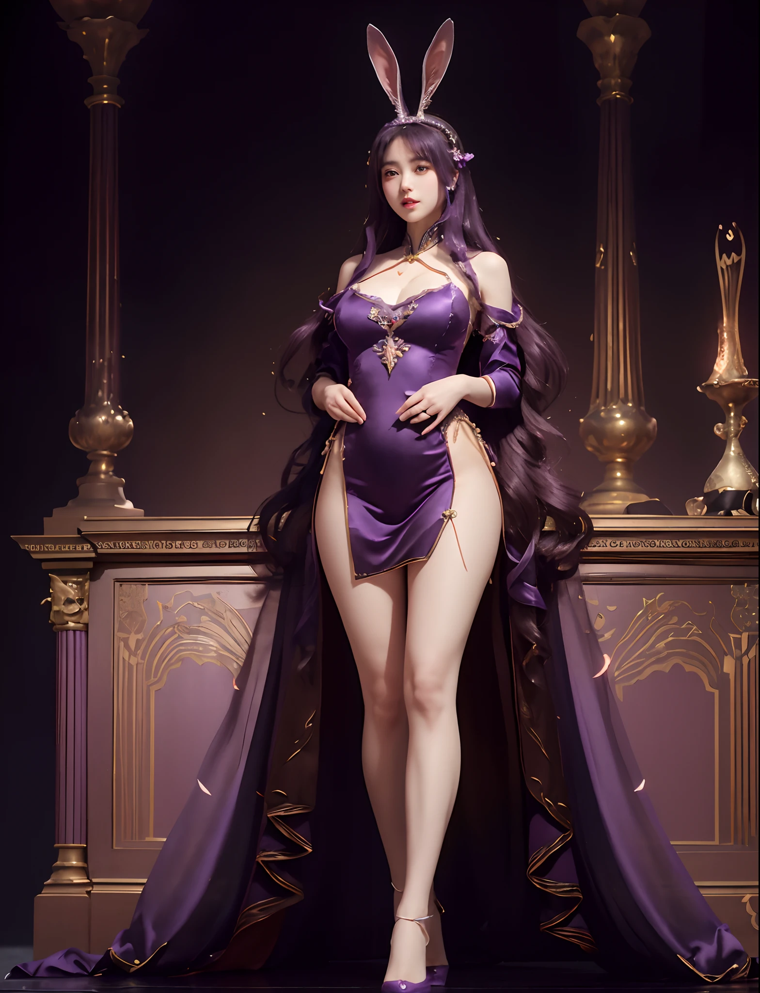 araffe dressed in a purple dress and bunny ears posing for a picture, full body xianxia, a beautiful fantasy empress, trending on cgstation, royal elegant pose, ((a beautiful fantasy empress)), guweiz masterpiece, 8k high quality detailed art, trending at cgstation, guweiz, masterpiece goddess of sorrow