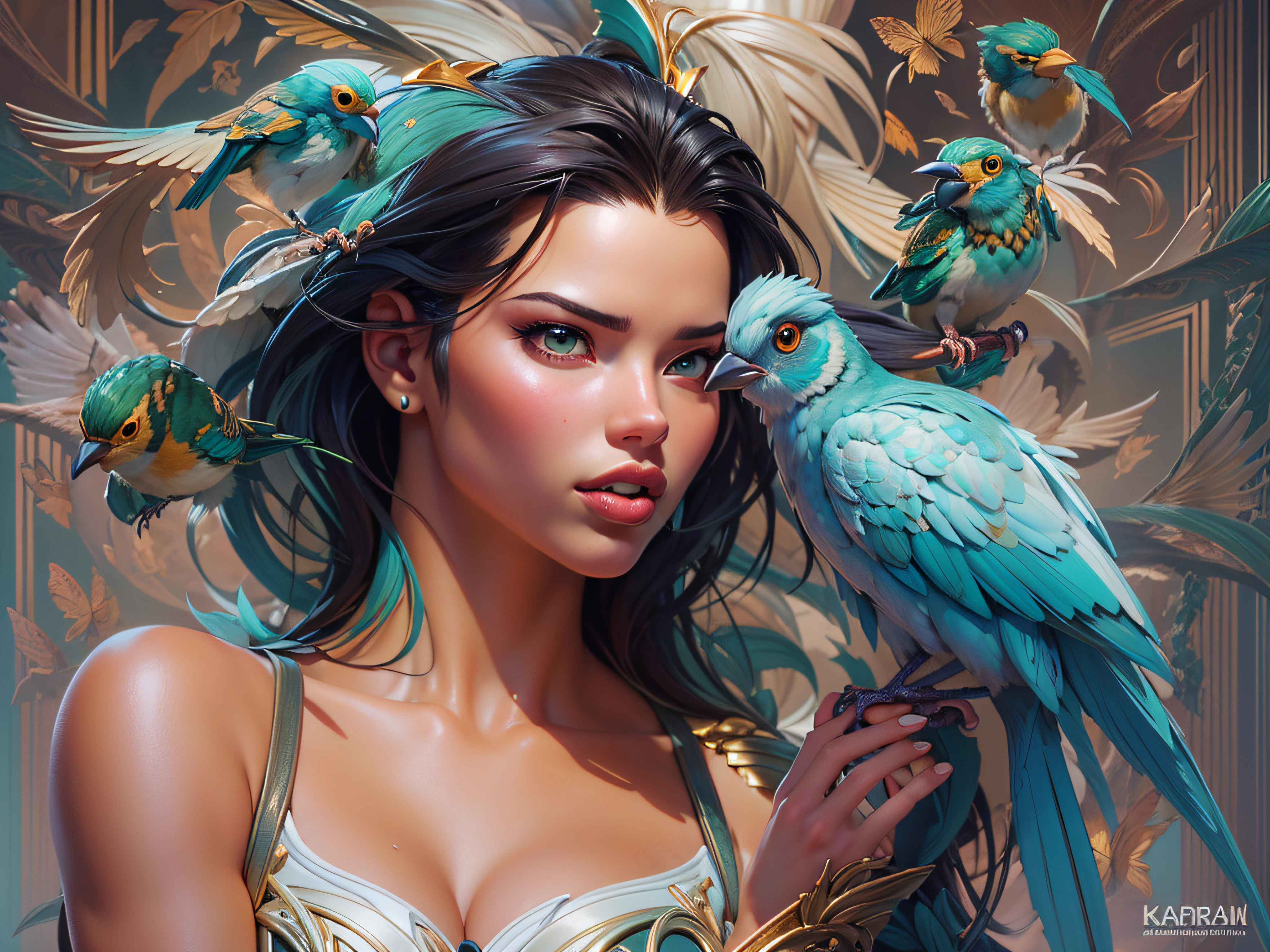 there is a woman (Adriana Lima :1.1) with a bird on her shoulder and a bird on her shoulder, karol bak uhd, artgerm detailed, style ivan talavera and artgerm, artgerm and wlop, 4k fantasy art, wlop and artgerm, artgerm julie bell beeple, fantasy style art