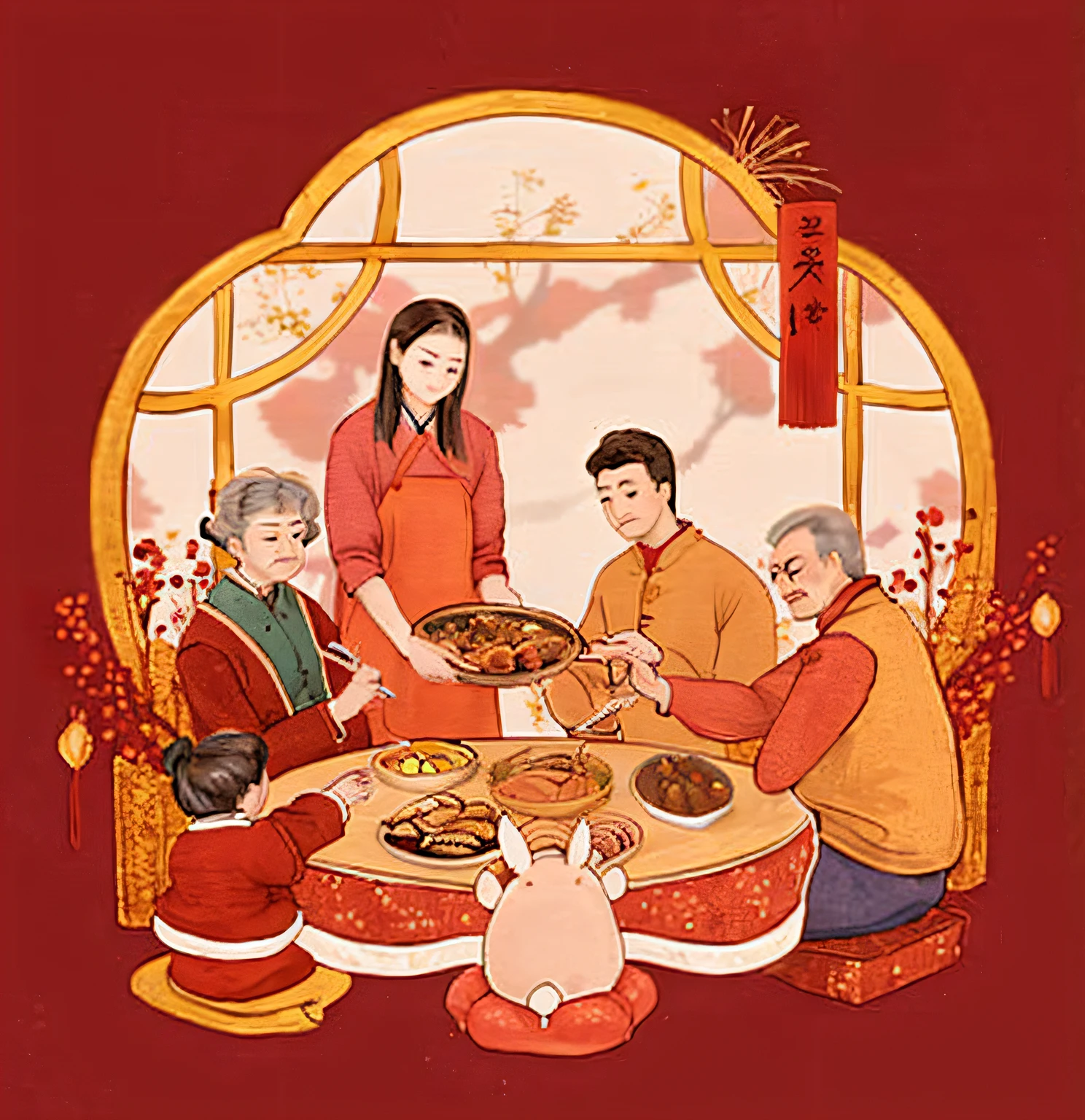 A group of people sat around a table to eat, people inside eating meals, Chinese style painting, Chinese New Year in Shanghai, Family dinner, Chinese style