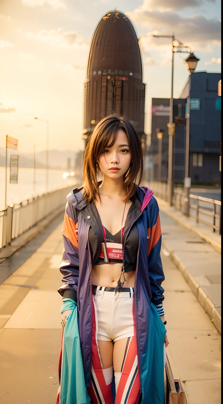 Short hair, young adult, half body, colorful jacket, standing on brown tiles, sunset