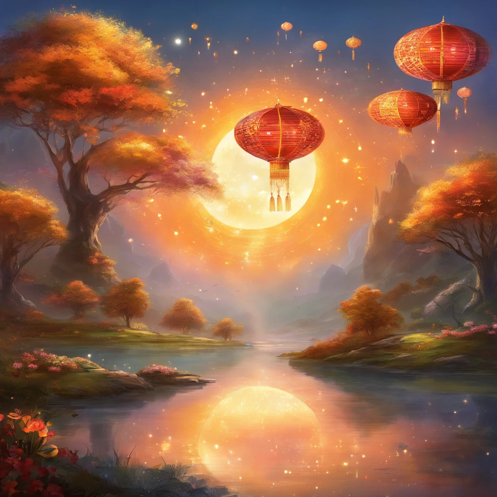 mid-autumn festival, symmetry, high detail, Romanticism, sparkle, god rays, ray tracing, UHD, retina, masterpiece, ccurate, super detail, high details, high quality, best quality, highres, 16k, anatomically correct