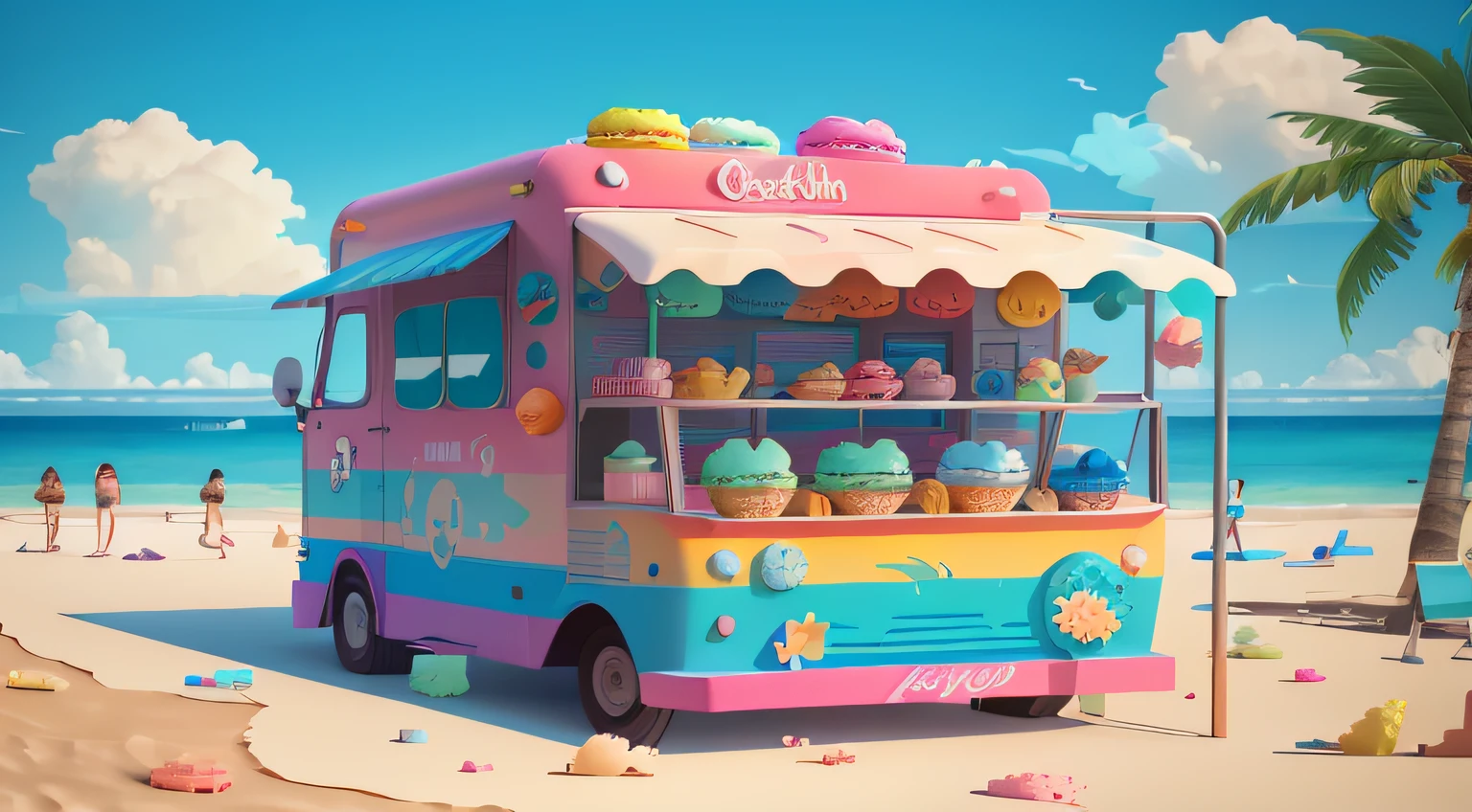 A big ice cream truck,The background is on the beach,there is blue sky,Coconut trees,3 d model,Macaron color system,The color block is clear,Bright colors,Line art,Unlimited details,Fine painting,Beautifully portrayed,8K,