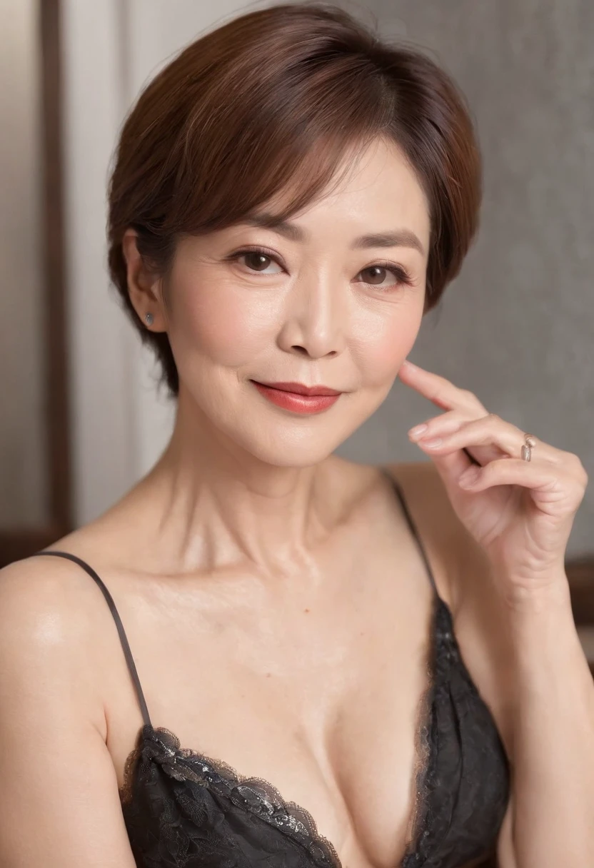 ((aunt:0.9))、(Old face:0.9)、((Full body))、Beautiful legs、(Gross slip:1.5)、(plump shiny lips)、((Beautiful Japan 55 years old standing naked))、A smile、Laughter wrinkles、(((In a detailed luxury hotel、Beautiful western style suite background with luxurious décor)))、Very small bra in black and very small string panties in black、(Colossal tits:1.2)、Gravure photography、Photo Pose、(Shiny face、Sexy face、美丽的面容)、((detailed bodyline、Beautiful body line、Wrinkles at the corners of the eyes、Shorthair、55-year-old married woman、real looking skin、Photo Real、Detailed picture、high-level image quality、、Precise images))