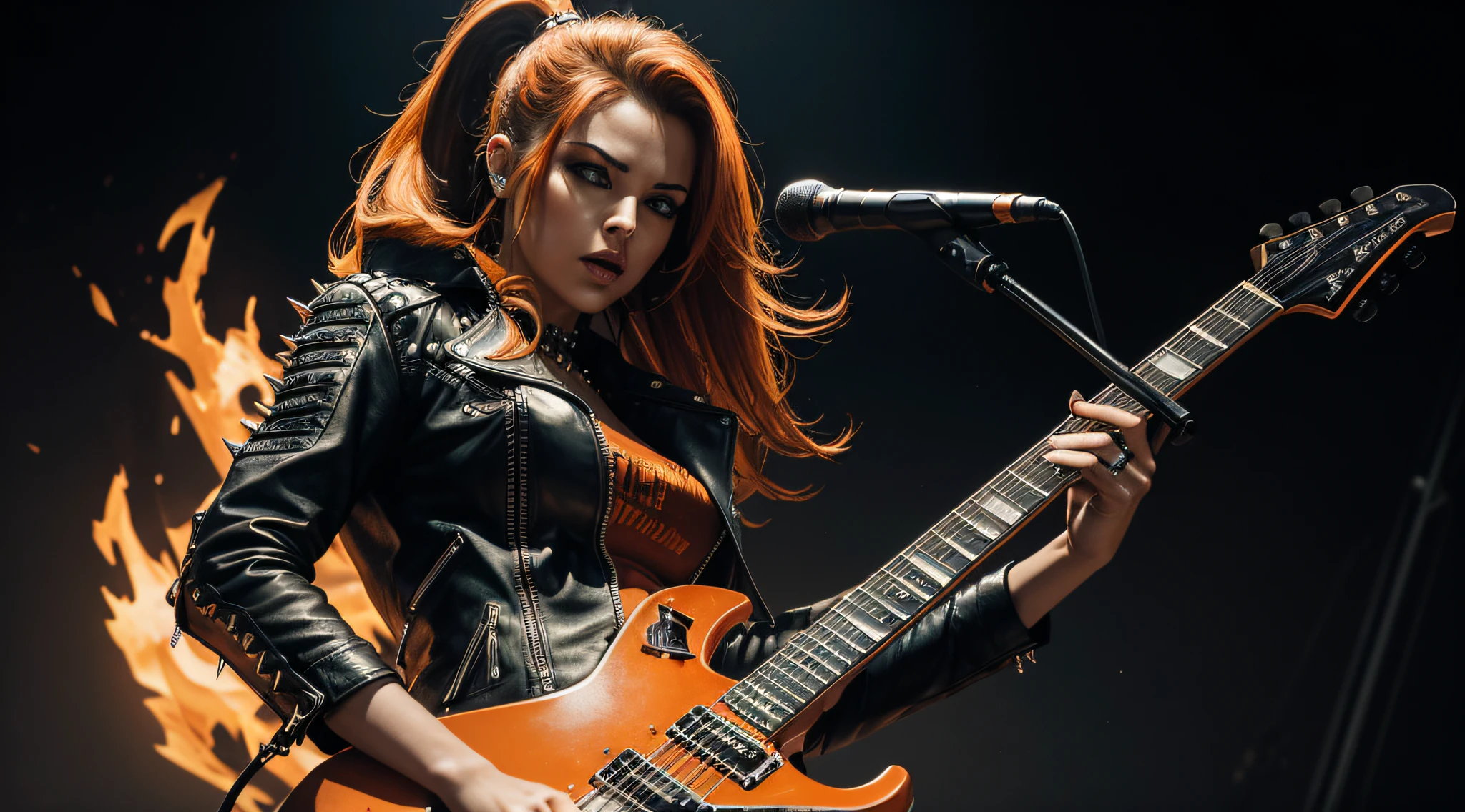 (Masterpiece:1.3, Best quality, Photorealistic, Ultra-detailed, finely detailed, high resolution, 8K wallpaper) Heavy metal, biker chick with chains and spikes, ferocious expression, powerful female rock star, orange leather, dressed in orange leather jacket and orange torn jeans, dark eyeliner and black lipstick, heavy music, fierce woman, standing tall, epic guitar solo, guitar on fire, woman solo electric guitar, female guitarist of metal, woman playing the guitar, electric guitar made of metal, flames on stage, female rocker playing a concert,