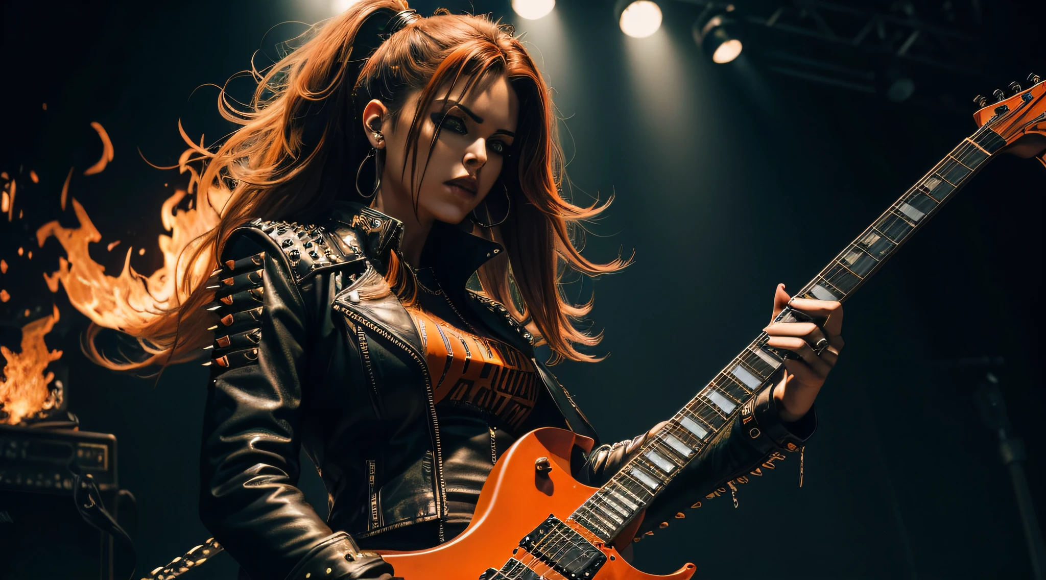 (Masterpiece:1.3, Best quality, Photorealistic, Ultra-detailed, finely detailed, high resolution, 8K wallpaper) Heavy metal, biker chick with chains and spikes, ferocious expression, powerful female rock star, orange leather, dressed in orange leather jacket and orange torn jeans, dark eyeliner and black lipstick, heavy music, fierce woman, standing tall, epic guitar solo, guitar on fire, woman solo electric guitar, female guitarist of metal, woman playing the guitar, electric guitar made of metal, flames on stage, female rocker playing a concert,