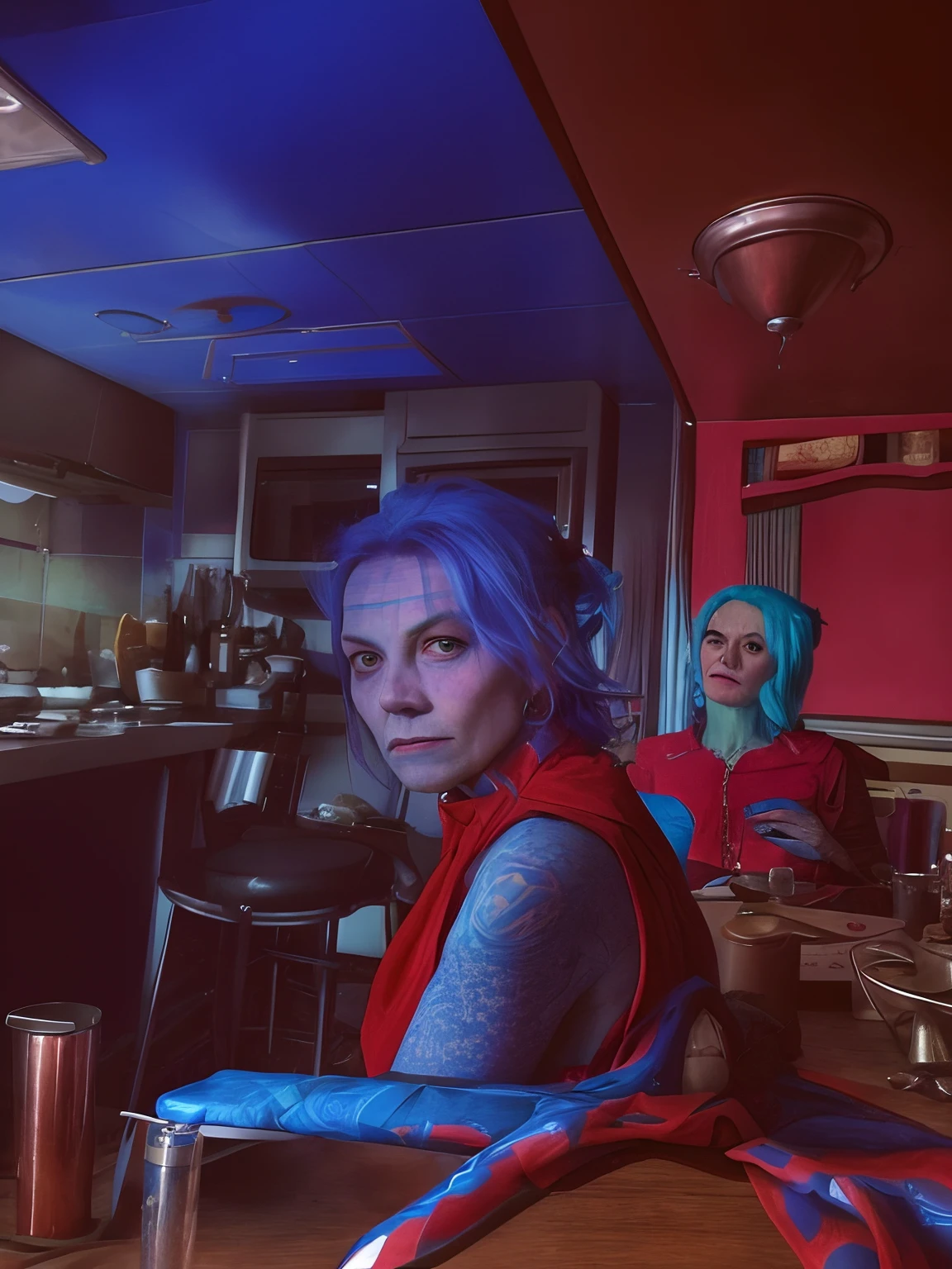 there is one evil witch woman sitting at a table in a kitchen, photo portrait, looking to the side off camera, blue hair, tatoos,taken in the early 2020s, glaring at the camera, by Pamela Ascherson, production still, looking away from viewer, 1 / 4 portrait, looking directly at the viewer, on kitchen table, by Dan Frazier