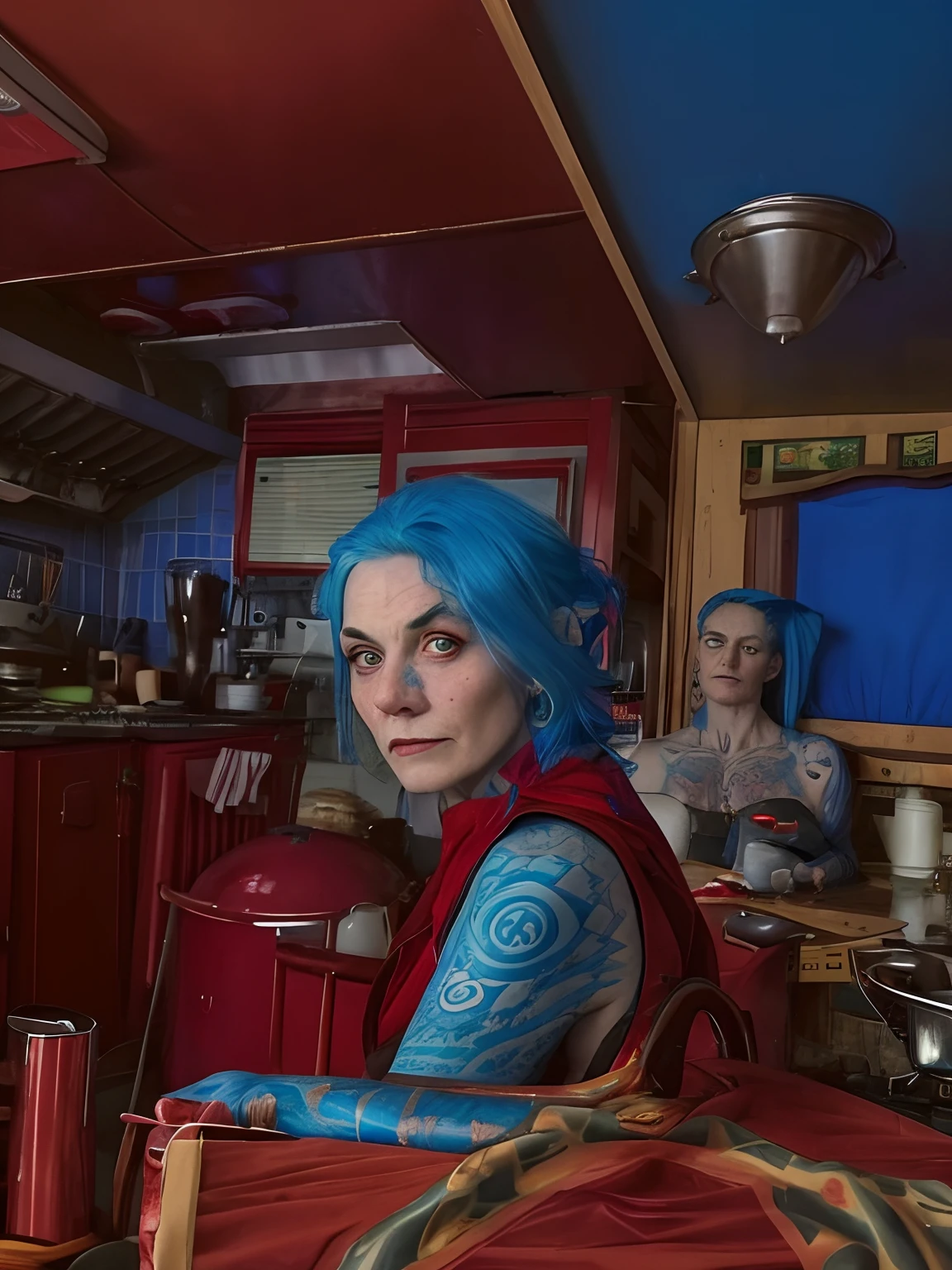 there is one evil witch woman sitting at a table in a kitchen, photo portrait, looking to the side off camera, blue hair, tatoos,taken in the early 2020s, glaring at the camera, by Pamela Ascherson, production still, looking away from viewer, 1 / 4 portrait, looking directly at the viewer, on kitchen table, by Dan Frazier