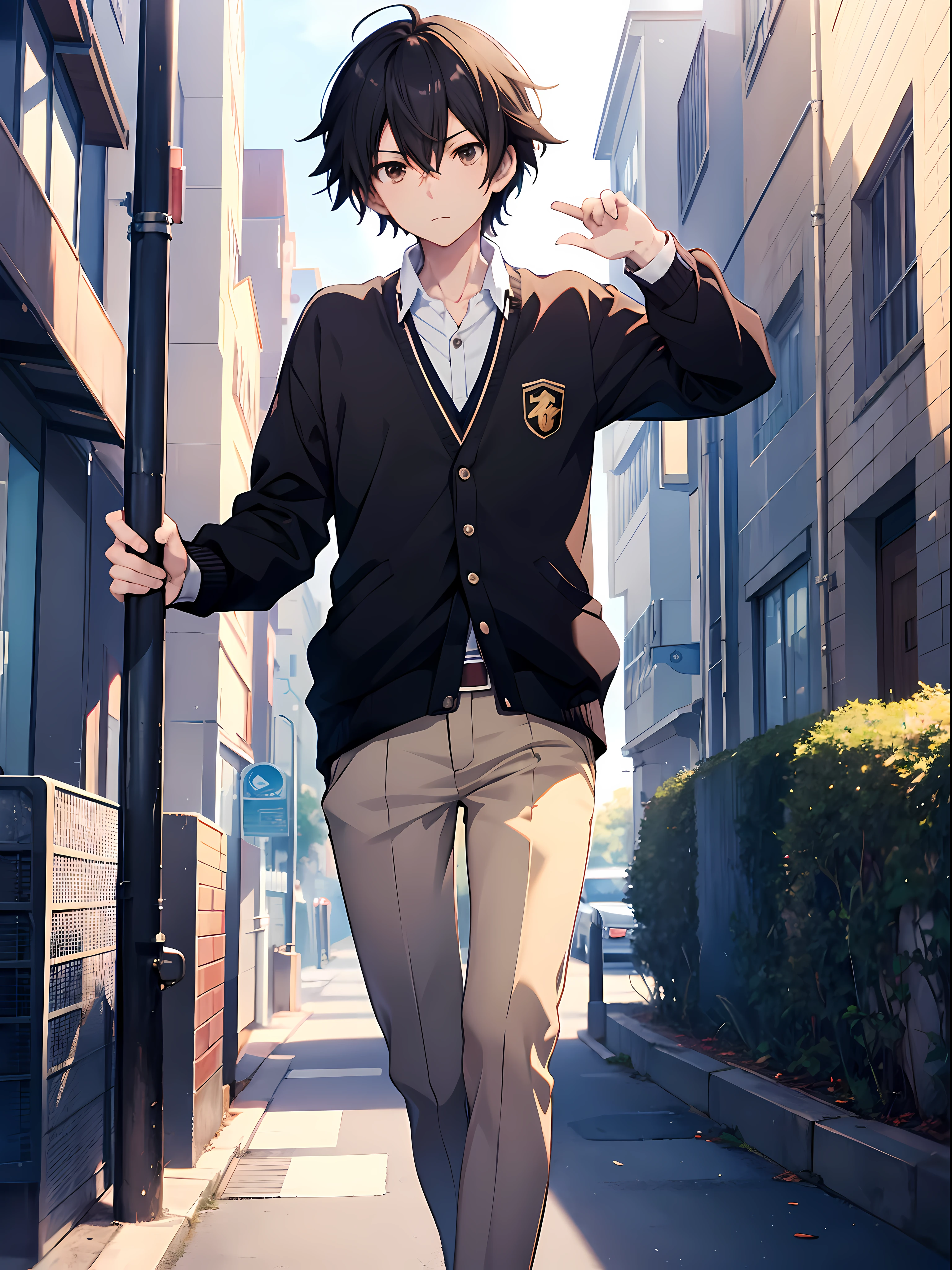 Anime Style A Boy With Cool Pose, Black Hair And Brown eyes, School Uniform, Background On The Street, Anime Makoto Shinkai, Makoto Shinkai Style Art, Expresive Eye, Best Quality, Perfect Face, Boy Characters, Dazai Osamu Hair Style