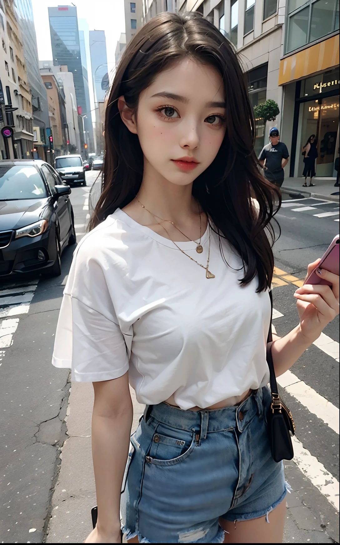 (8k, RAW photos, top quality, masterpiece, ultra high resolution, natural light: 1.2), (realistic, photorealistic, super detail: 1.37), Instagram photos, street snaps, (1 girl: 1.8), solo, (sitting in a clothing store: 1.6), Suzu Hirose, Japan actress, high school student, cute Japan woman photo (beautiful: 1.1), Urzan, Highly detailed face and skin texture, delicate eyes, double eyelids, whitening skin, short hair, long hair, (blonde: 1.5), thighs, skirts, (wearing a thick plain T-shirt: 2), (large T-shirt: 2), T-shirt, oversized T-shirt, photo T-shirt, heavyweight T-shirt, Japan streetwear, wearing an oversized T-shirt,