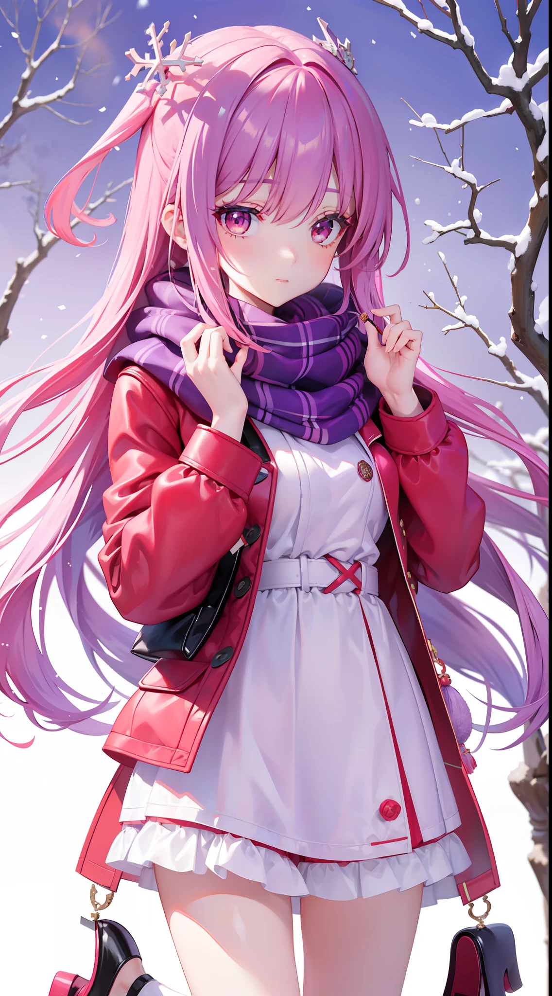 A peerless beauty,Beautiful facial features,putting makeup on,Blushlush,(Gorgeous Hair in Long Purple,Red eyes,Red down jacket,Purple scarf),high-heels,(Fuyuhime love song,plane trees,Snowflakes flying,White snow),Realiy,modern day,Portrait photo,Get close to the lens,depth of fields,stand posture