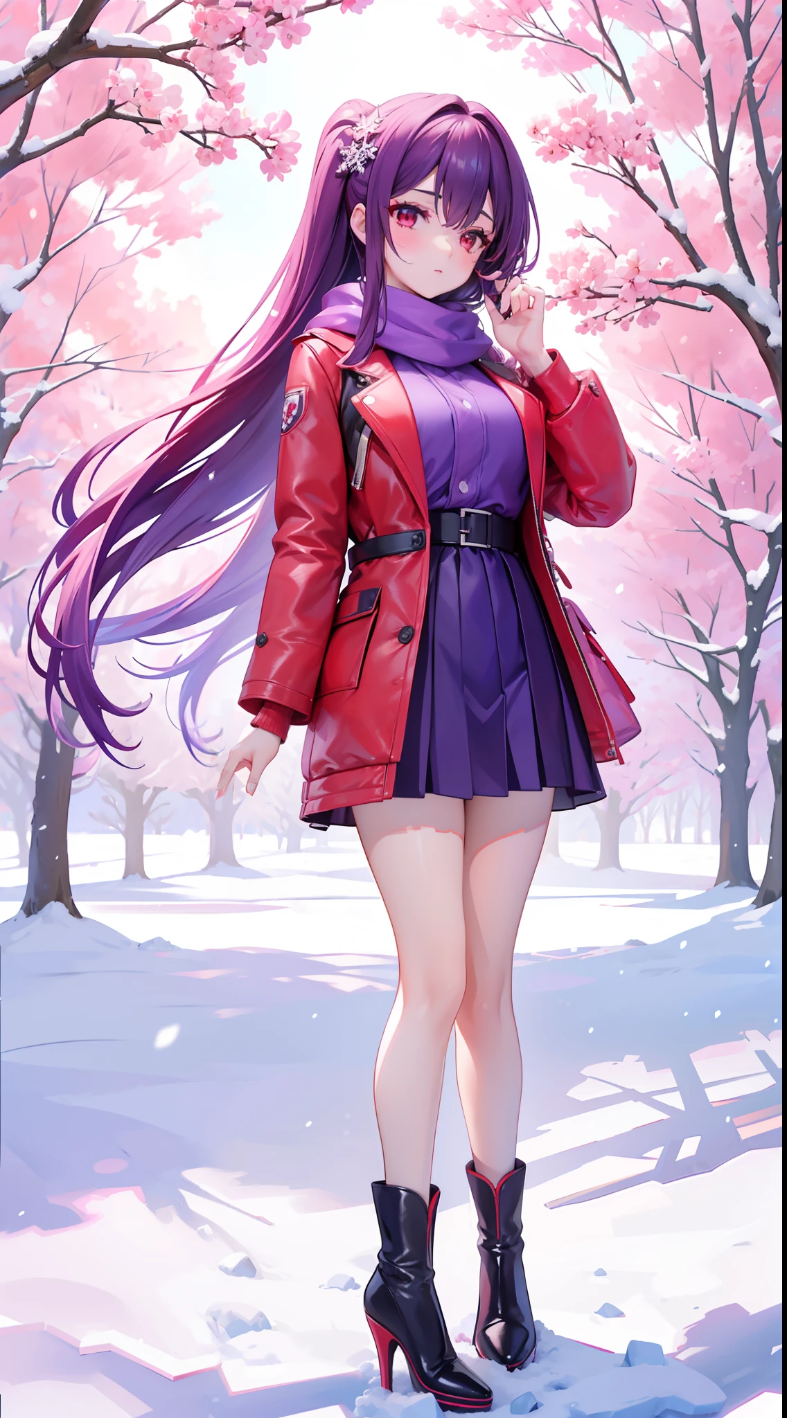A peerless beauty,Beautiful facial features,putting makeup on,Blushlush,(Gorgeous Hair in Long Purple,Red eyes,Red down jacket,Purple scarf),high-heels,(Fuyuhime love song,plane trees,Snowflakes flying,White snow),Realiy,modern day,Portrait photo,Get close to the lens,depth of fields,stand posture