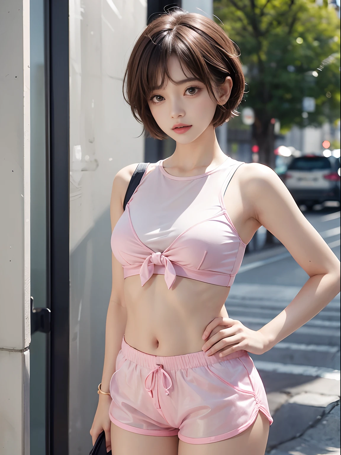 pink wet clothes, anime girl, realistic shadows, detailed skin, small breasts, black hair, hair ribbon, extremely detailed, 8K ultra-detailed face, perfect facial features, perfect lips, perfect nose, beautiful eyes, looking at the viewer, masterpiece, best quality, single girl, no bra, no panties, solo