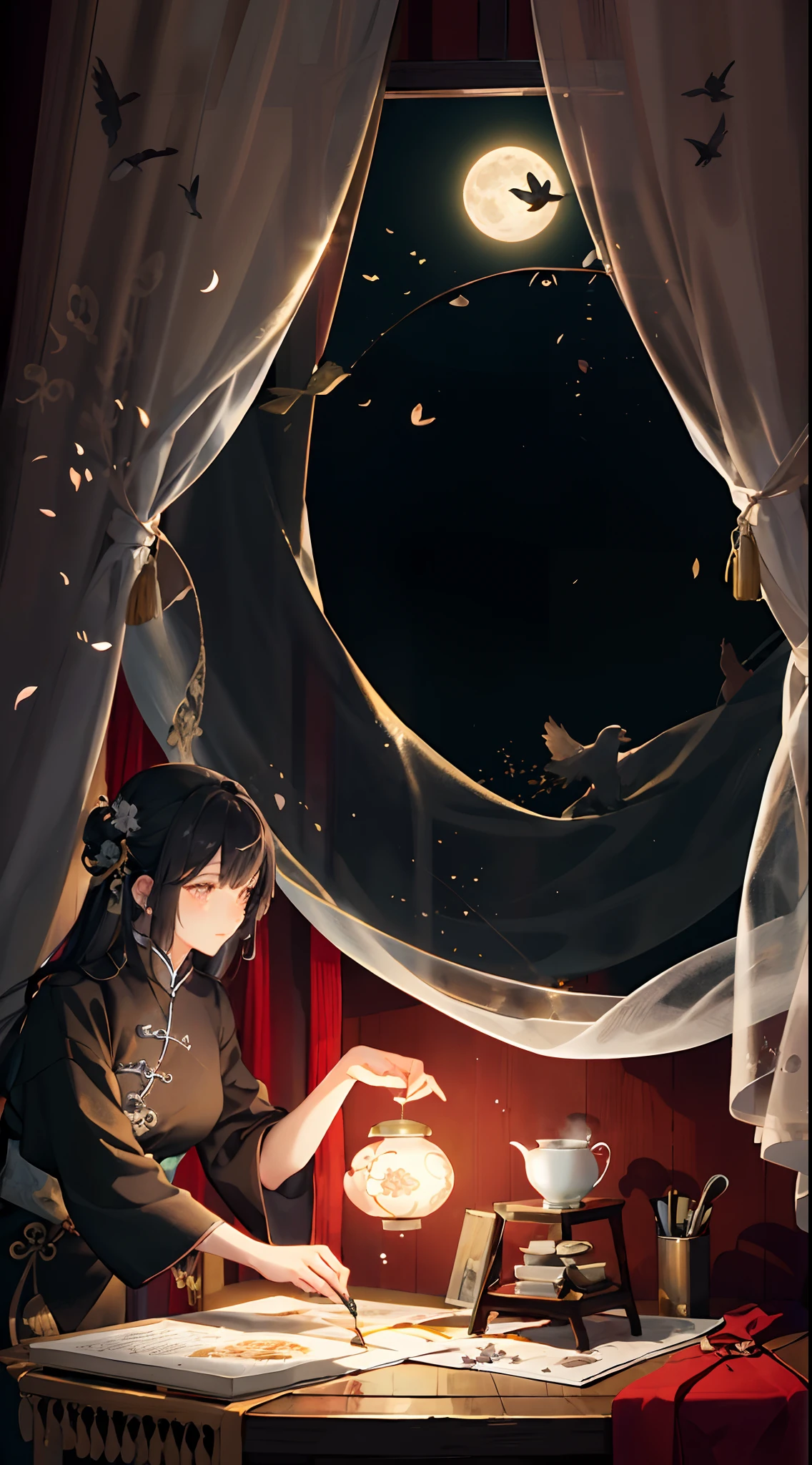 Mooncakes are placed on the wooden table，Two steaming cups of clear tea，(The curtains sway in the wind)，（A few petals fell in front of the window），Bright moon outside the window，The moon shines brightly，Digital illustration, beautiful ambiance,serene evening atmosphere，game scenes，Chinese Ancient Times,((Color ink)), ( (Splash ink ) ), ((Splash ink) ink})), tmasterpiece, high qulity, Beautiful graphics, high detal（moon full：1.2），Far Mountain, Tree BREAK making art，（Warm light source：1.2），（glowworm：1.2），lamp lights，Complicated details，（tmasterpiece：1.2），（best qualtiy），4k，Ultra-detailed，（dynamic compositions：1.4），The is very detailed，Colorful details，，dream magical，magical