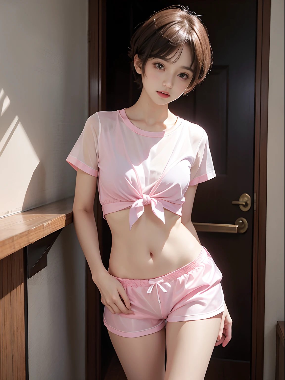 Short cut cute lady 2 knots　Underwear is visible through pink shorts　undergarment　Transparent　Clothes are sheer