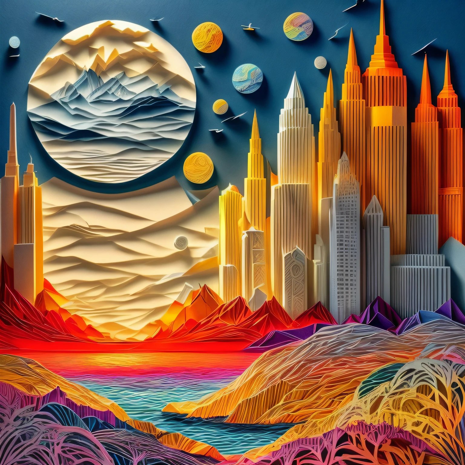 a colorful scenic (paper cut art: 1.5) of Manhattan skyline at dawn, a masterpiece award winning (paper cut art picture: 1.5), Manhattan skyline sky scrappers, Hudson river, at dawn, best details, best quality, 16K, [ultra detailed], masterpiece, best quality, (ultra detailed), full body, ultra wide shot, photorealistic,