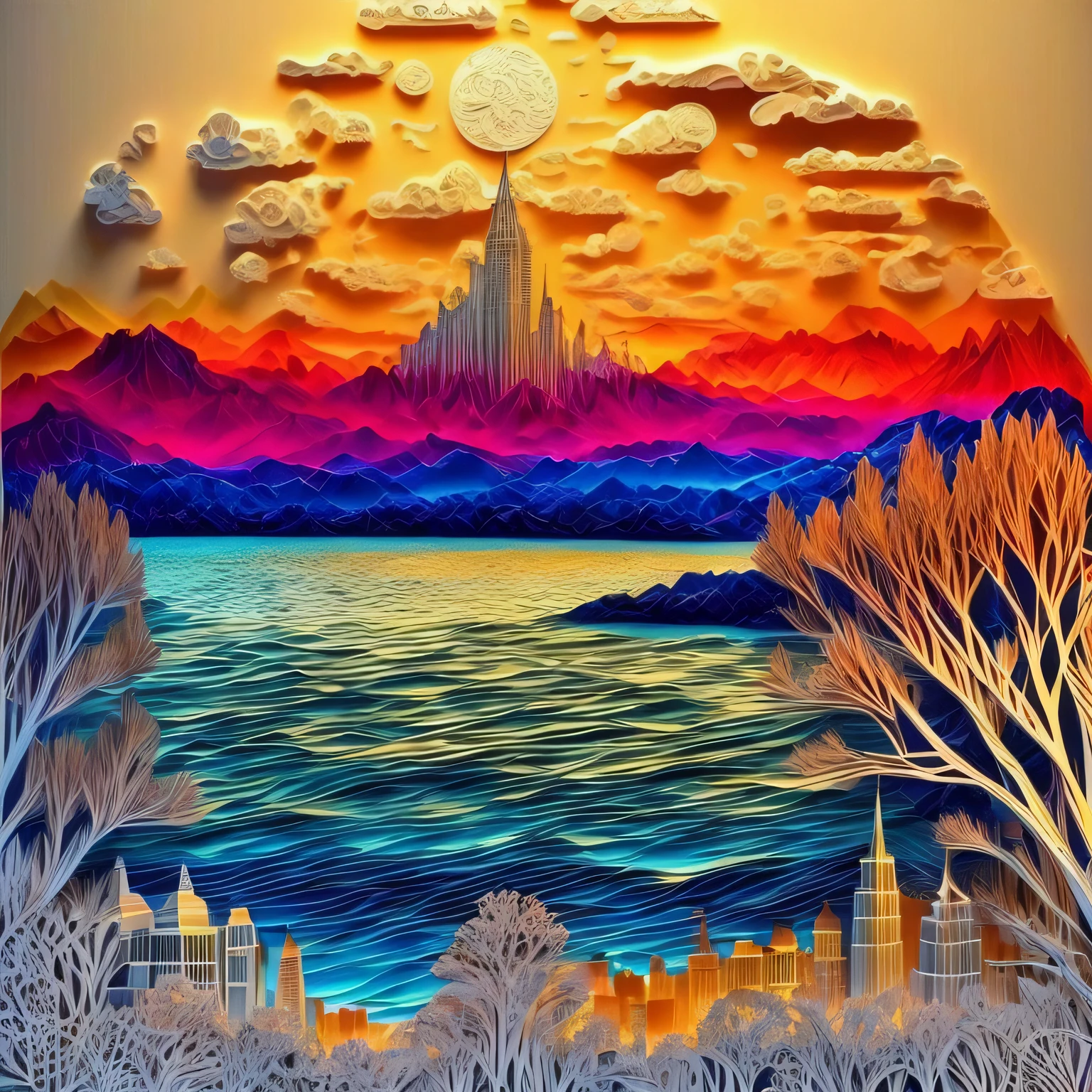 a colorful scenic (paper cut art: 1.5) of Manhattan skyline at dawn, a masterpiece award winning (paper cut art picture: 1.5), Manhattan skyline sky scrappers, Hudson river, at dawn, best details, best quality, 16K, [ultra detailed], masterpiece, best quality, (ultra detailed), full body, ultra wide shot, photorealistic,