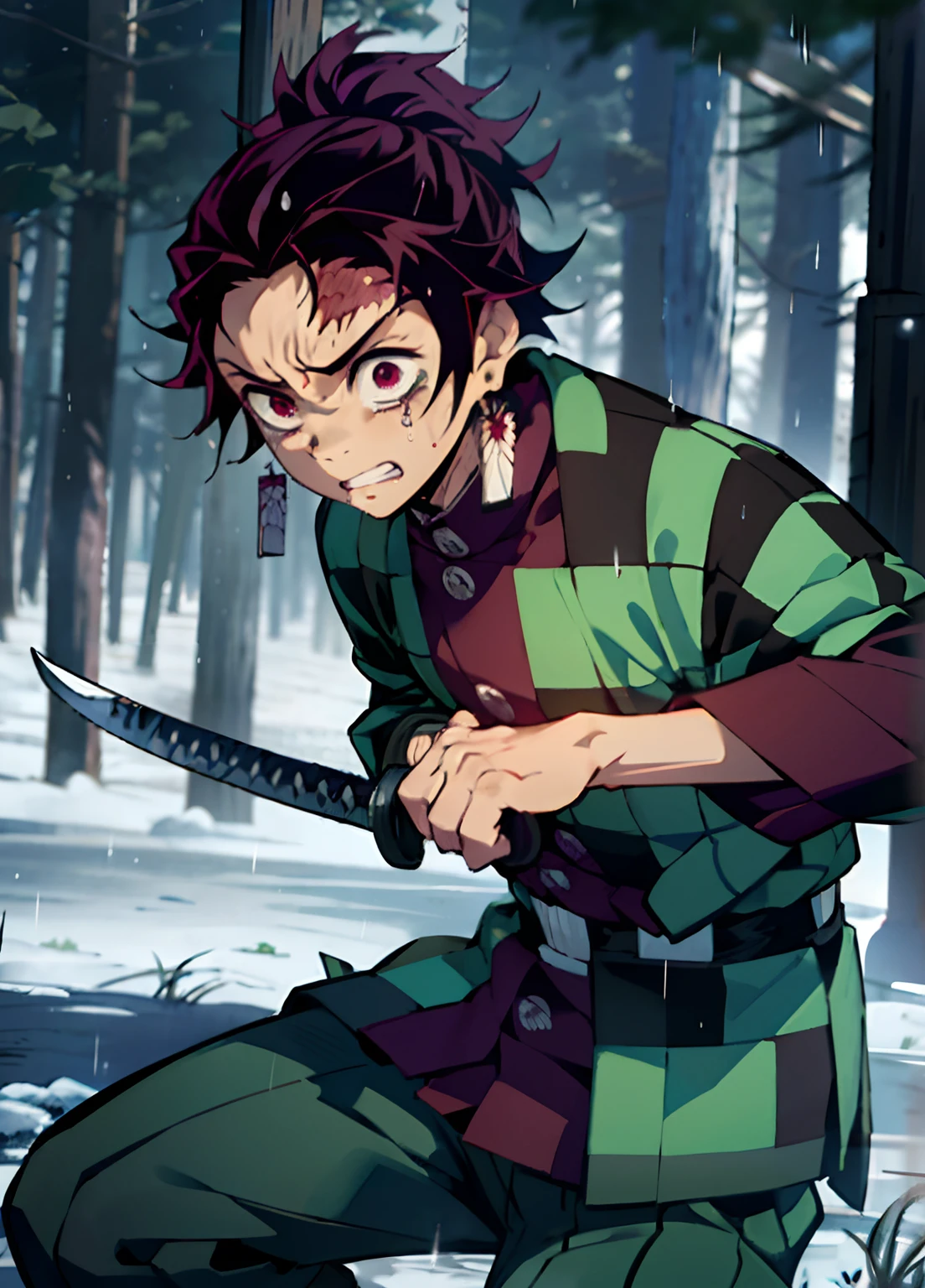 "《Demon Killer》Tanjiro Kamado, heavy rain, Crying, gazing heavenward, Wear a green plaid shirt, Holding a katana，Sword dance，Unbeatable，Pain and persistence，The heat of the heart，Leaning on the sword，A test of will，A symbol of hope."