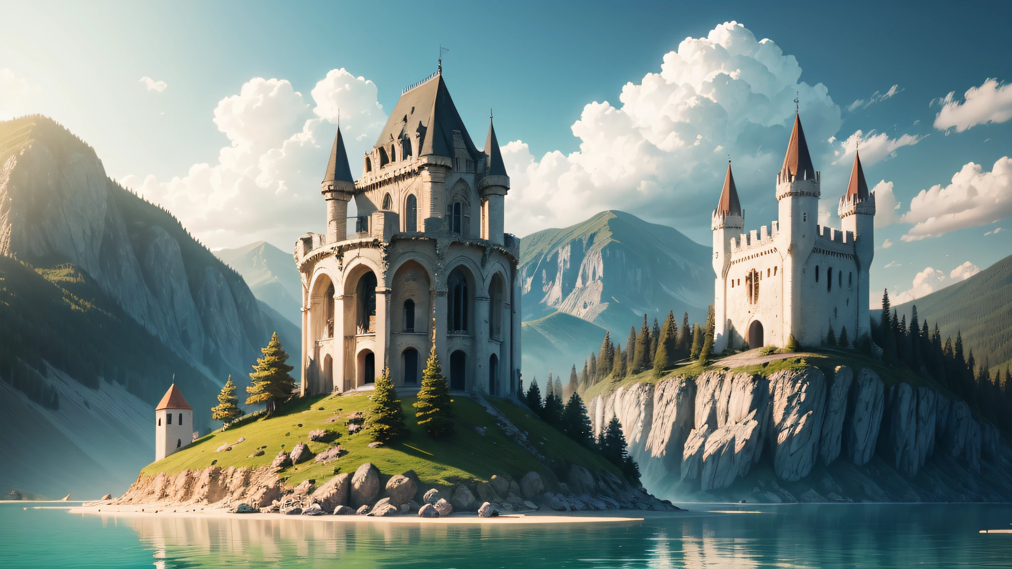 A ruined white tower on the shore of a mountain lake