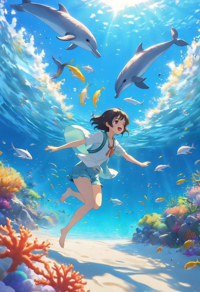 (ultra-detailed,best quality,sharp focus,realistic),children playing on the shore,detailed facial expressions,joyful smiles,curious eyes,tanned skin,wind-blown hair,splashing water,soft sand,sunshine glimmering on the water,seagulls in the sky,gentle waves,innocent laughter,sandcastles being built and destroyed,colorful beach toys,crystal-clear water,playful dolphins leaping out of the water,beautiful coral reefs,rich underwater ecosystem,vivid colors of the coral,swimming fish,dancing seaweed,sparkling sunlight filtering through the water,peaceful and serene scene.