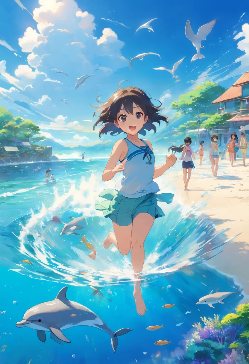(ultra-detailed,best quality,sharp focus,realistic),children playing on the shore,detailed facial expressions,joyful smiles,curious eyes,tanned skin,wind-blown hair,splashing water,soft sand,sunshine glimmering on the water,seagulls in the sky,gentle waves,innocent laughter,sandcastles being built and destroyed,colorful beach toys,crystal-clear water,playful dolphins leaping out of the water,beautiful coral reefs,rich underwater ecosystem,vivid colors of the coral,swimming fish,dancing seaweed,sparkling sunlight filtering through the water,peaceful and serene scene.