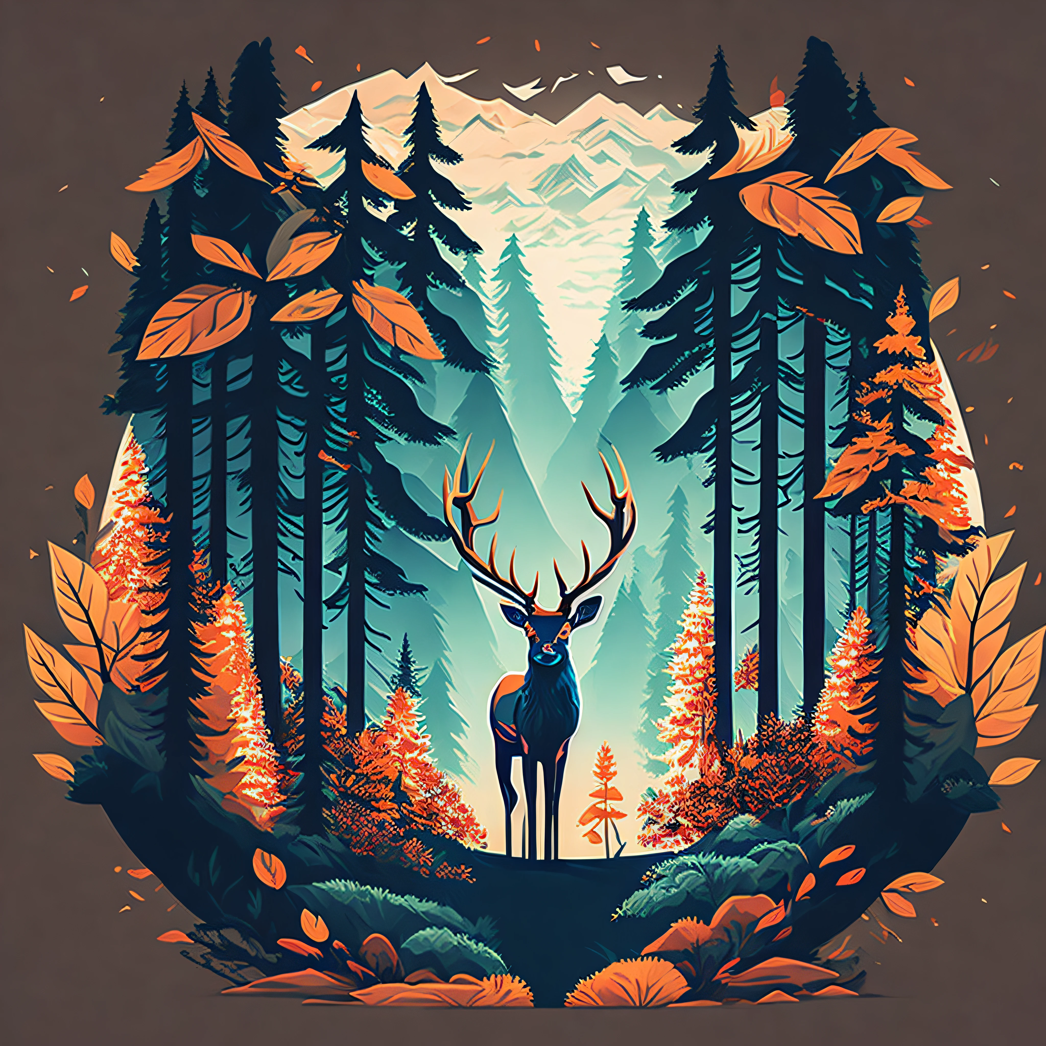 deer with forest landscape, anime style, tshirt design, vector-art