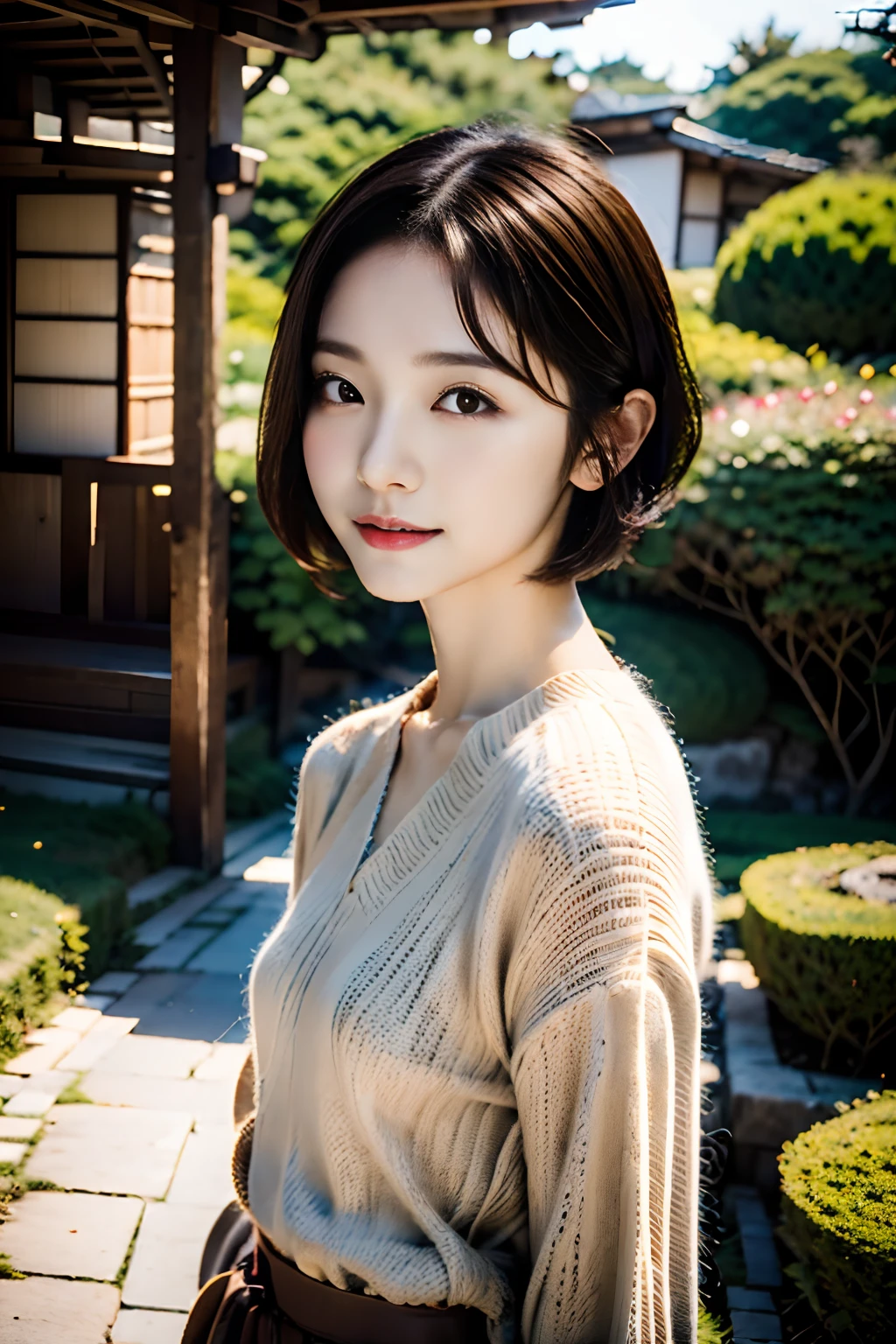 Close up of attractive cut and saw woman posing for photo,smil,Looking away,Japanese Models, Beautiful Asian Girl, short hair and short bangs,Okappa,2 0 years old female model,top-quality、masutepiece、8ｋ、portlate