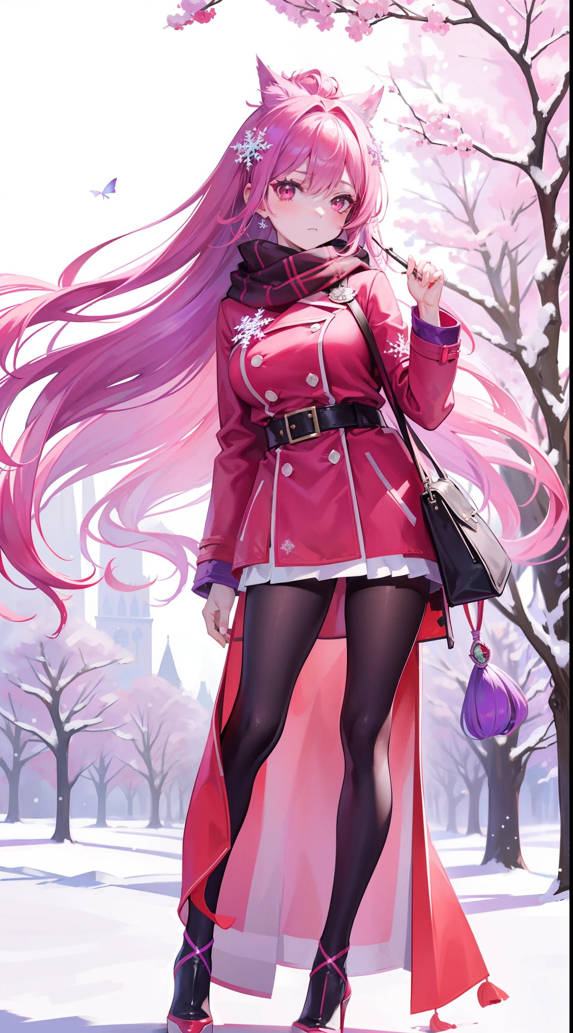 A peerless beauty,Beautiful facial features,putting makeup on,Blushlush,(Gorgeous Hair in Long Purple,Red eyes,Red down jacket,Purple scarf),high-heels,(Fuyuhime love song,plane trees,Snowflakes flying,White snow),Realiy,modern day,Portrait photo,Get close to the lens,depth of fields,stand posture