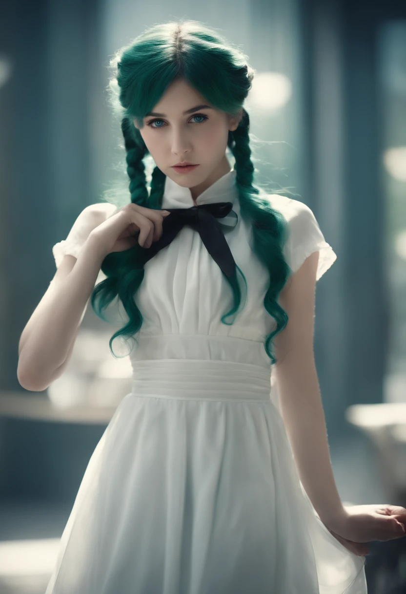 The innocence, dark green hair, twintails, arms behind back, white dress, black waist tie, a girl,blue eyes,