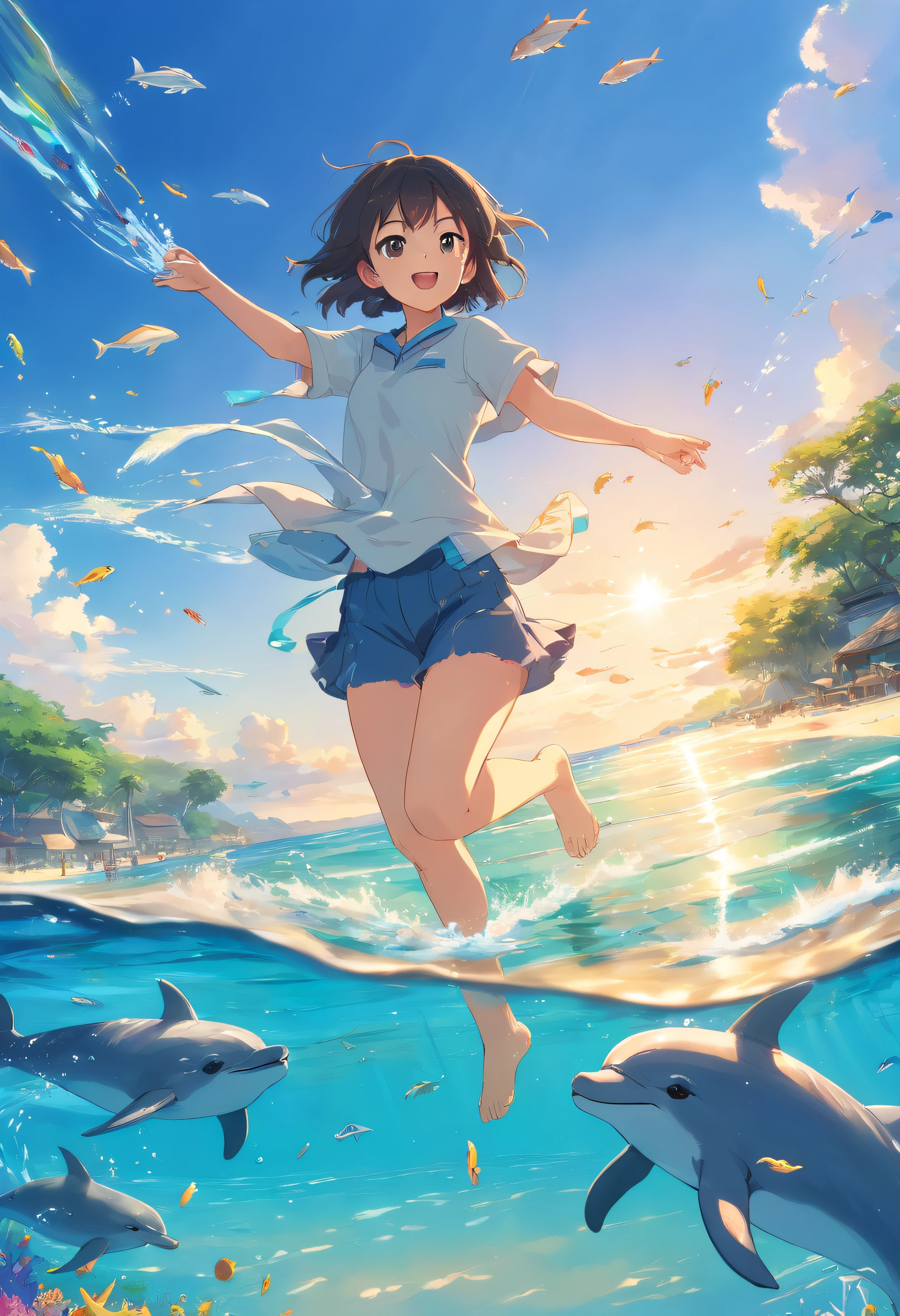 (ultra-detailed,best quality,sharp focus,realistic),children playing on the shore,detailed facial expressions,joyful smiles,curious eyes,tanned skin,wind-blown hair,splashing water,soft sand,sunshine glimmering on the water,seagulls in the sky,gentle waves,innocent laughter,sandcastles being built and destroyed,colorful beach toys,crystal-clear water,playful dolphins leaping out of the water,beautiful coral reefs,rich underwater ecosystem,vivid colors of the coral,swimming fish,dancing seaweed,sparkling sunlight filtering through the water,peaceful and serene scene.