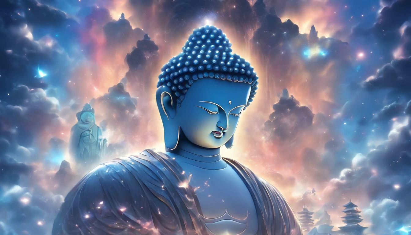En style porcelaine，Au loin, A huge, a large Buddha statue stands in space，Regarder la Terre，Statue de Bouddha debout，with bright light，Effets de lueur，Pilgrims on the way，Hyperrealistic，Ultra-Photo-Realism，real photography，8k，high resolucion，High quality，Works by masters，superfein，Style encre chinoise noir et blanc，（（（couleurs blanches））），Discolouration，Schmutzfleck，Encre，8k，superfein，High quality，（（（OC-Renderer）））