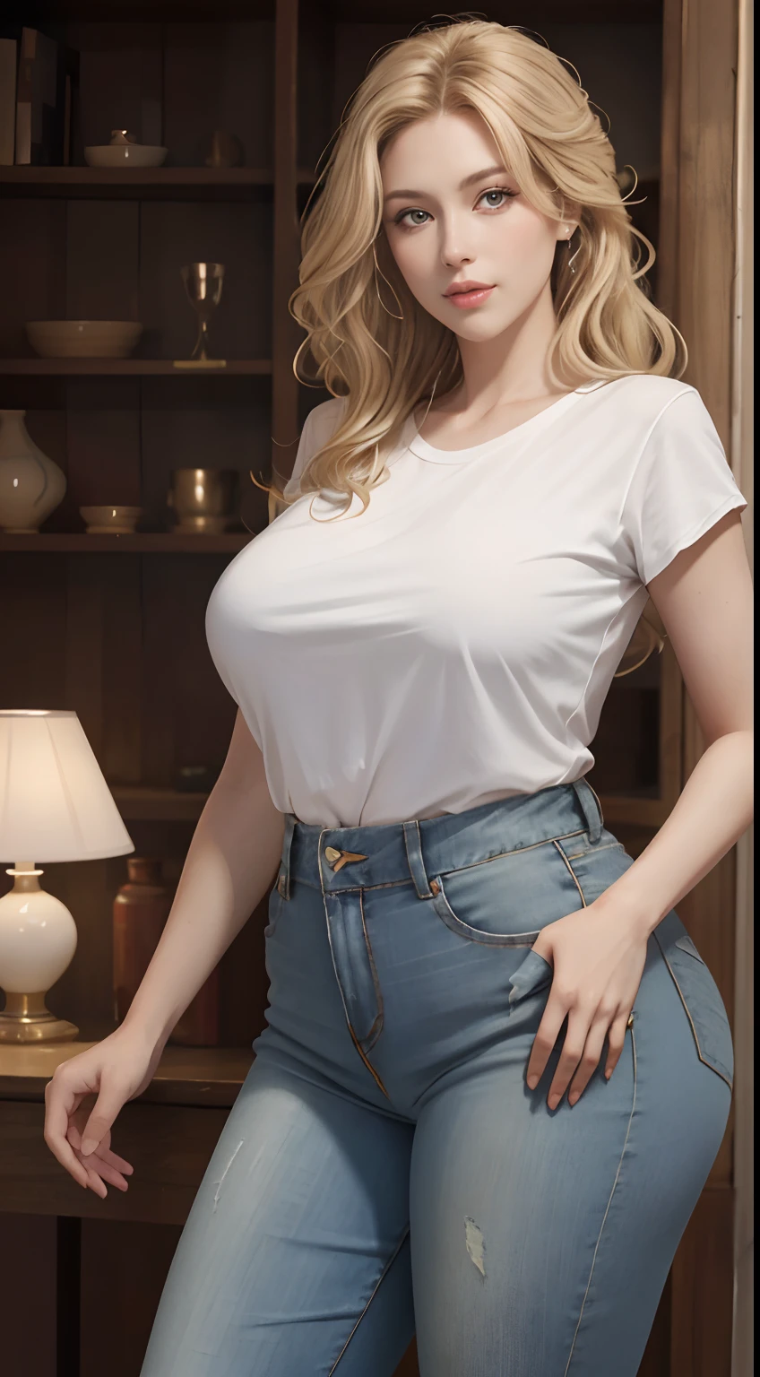 (masutepiece:1.2, Best Quality), Realistic, (real picture, Intricate details, depth of fields)、 ighly detailed, Perfect face, Perfect body, Large models,
Mature Woman, tall, Long legs, 
Natural background bokeh.Huge breasts, Plump、Constriction、Very big ass,、indirect lighting、 urbane, makeup, Wide Angle、A sexy、Glamour、European Woman、blondehair、hair wavy、beautiful mature women , Front shot、the perfect appearance, Emphasis on the chest
Tight white t-shirt、denim、The string of the pants is visible from the waist。