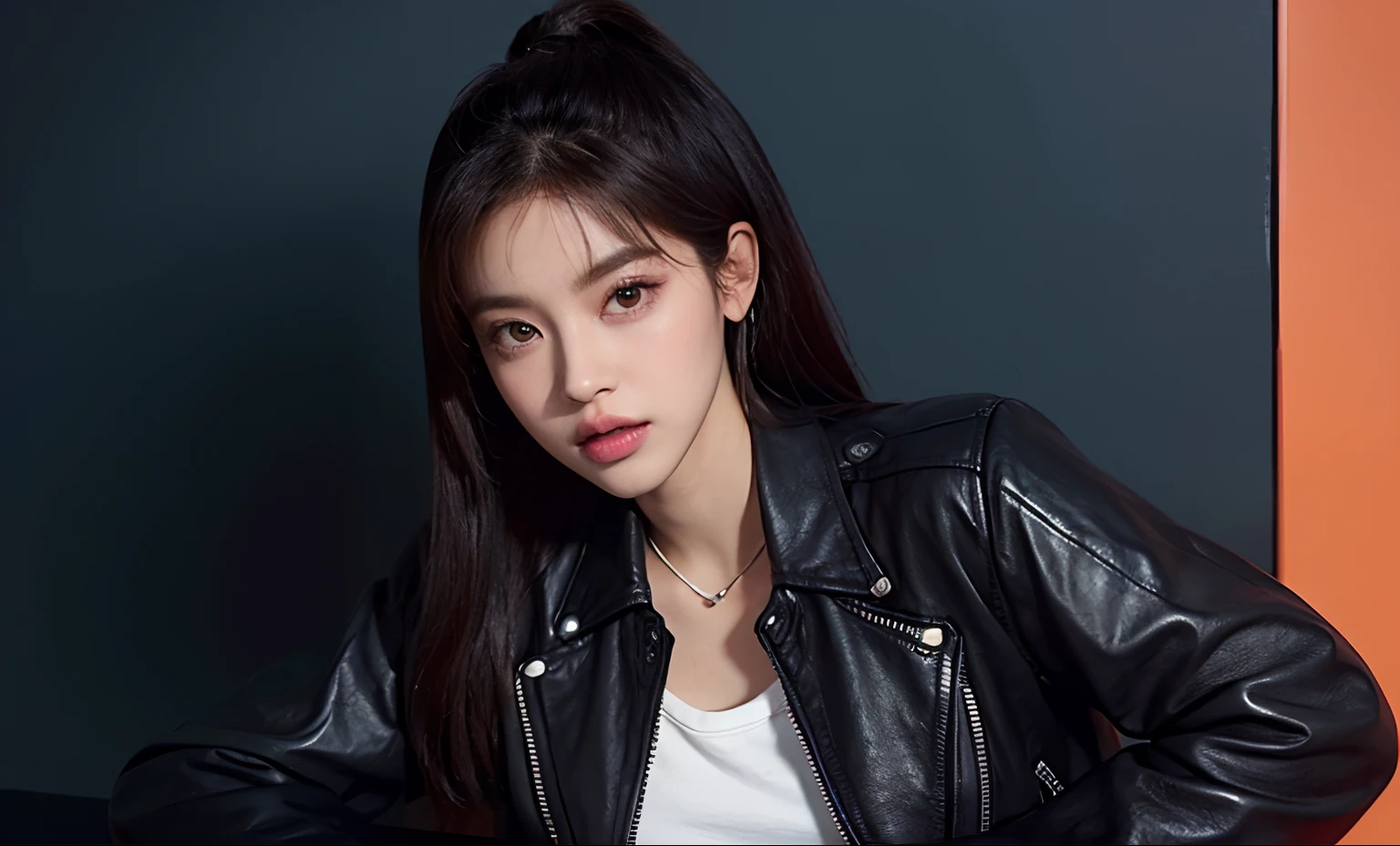 there is a woman in a leather jacket and jeans posing, portrait of jossi of blackpink, portrait jisoo blackpink, cindy avelino, promo art, jisoo from blackpink, jisoo of blackpink, official artwork, she wears leather jacket, album art, in front of an orange background, jossi of blackpink, gemma chen, blackpink jennie, official, promo image