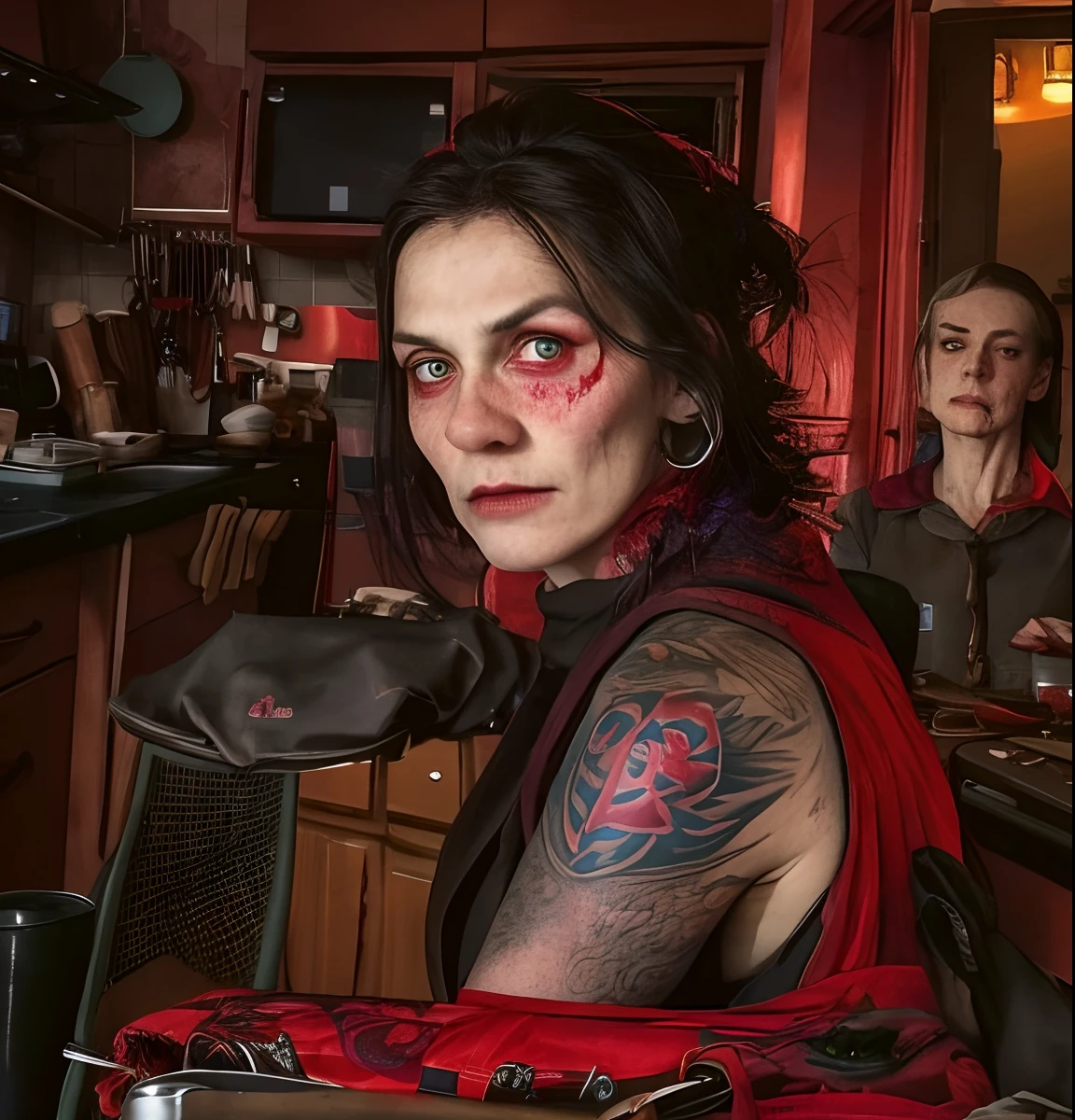 there is one evil witch woman sitting at a table, red blood dripping eyes, in a kitchen, photo portrait, looking to the side off camera, black hair, tatoos, tattoo sleeves taken in the early 2020s, glaring at the camera, by Pamela Ascherson, production still, looking away from viewer, 1 / 4 portrait, looking directly at the viewer, on kitchen table, by Dan Frazier