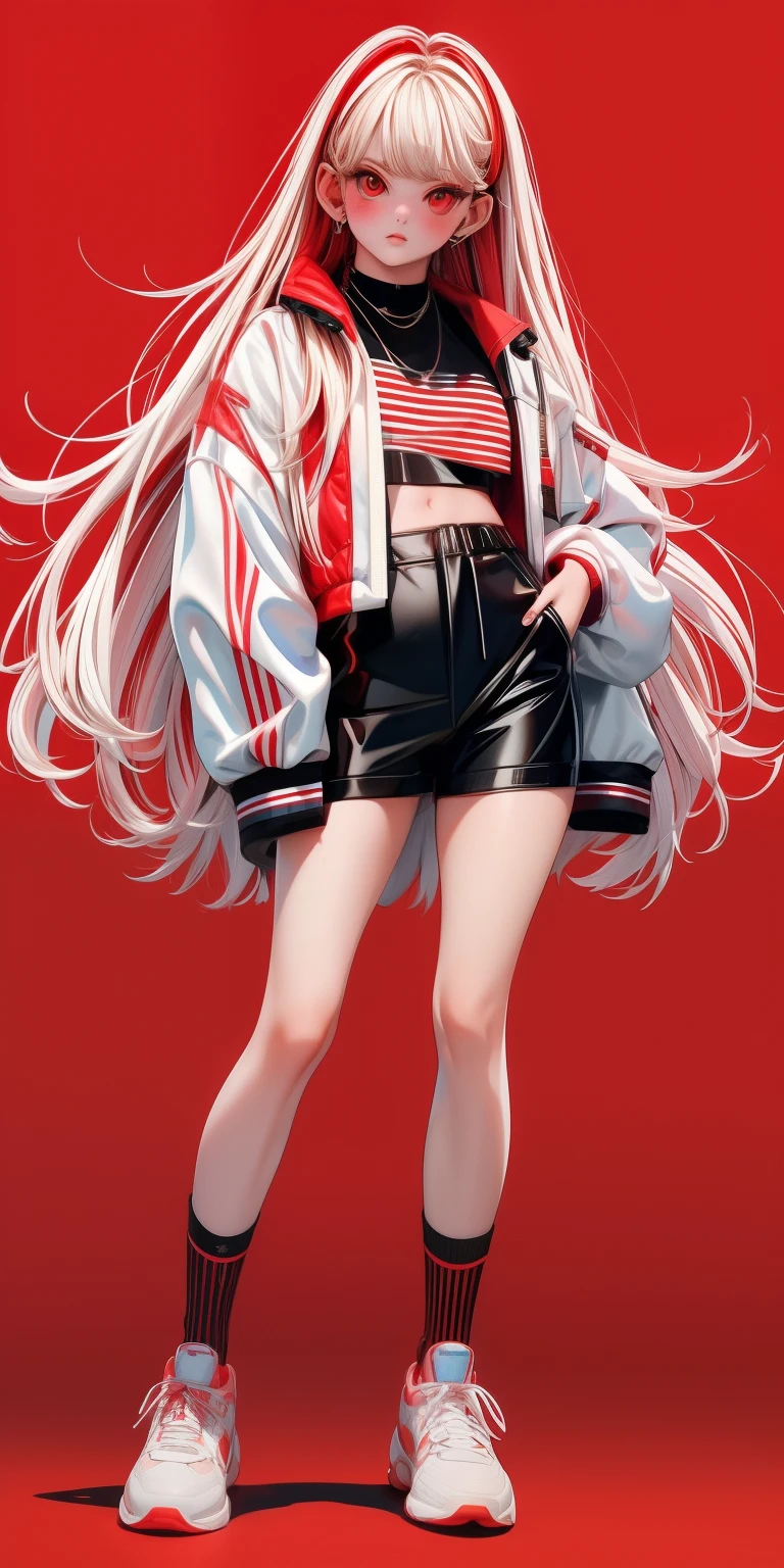 1girl, white mixed red long hair, whole body shot, red eyes, glowing eyes, crop top, parted lips, blush, cool open jacket, cool pose,  short shirt, long black and red stripes socks, cool sneakers street background, photo shot, photograpic