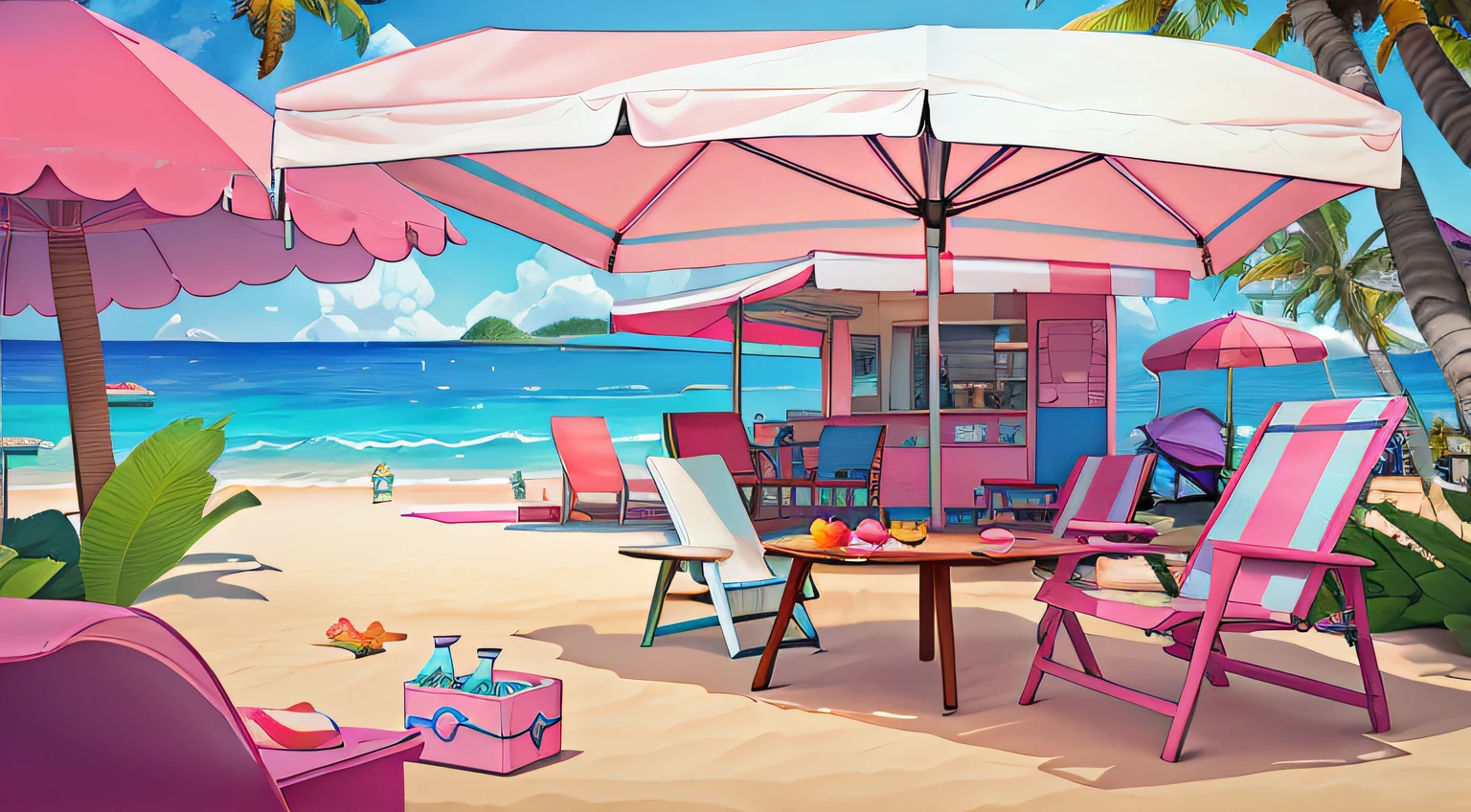 Pink sand beach in the background，Deep blue ocean，Sunnyday，The sun is good，Pink surfboard under the awning，Two beach chairs in the middle，Pink cold drinks are spread in the back，It is surrounded by pink coconut trees，Barbie World，Perfect quality，Clear focus，Complicated details，ultra-low perspective，wide wide shot