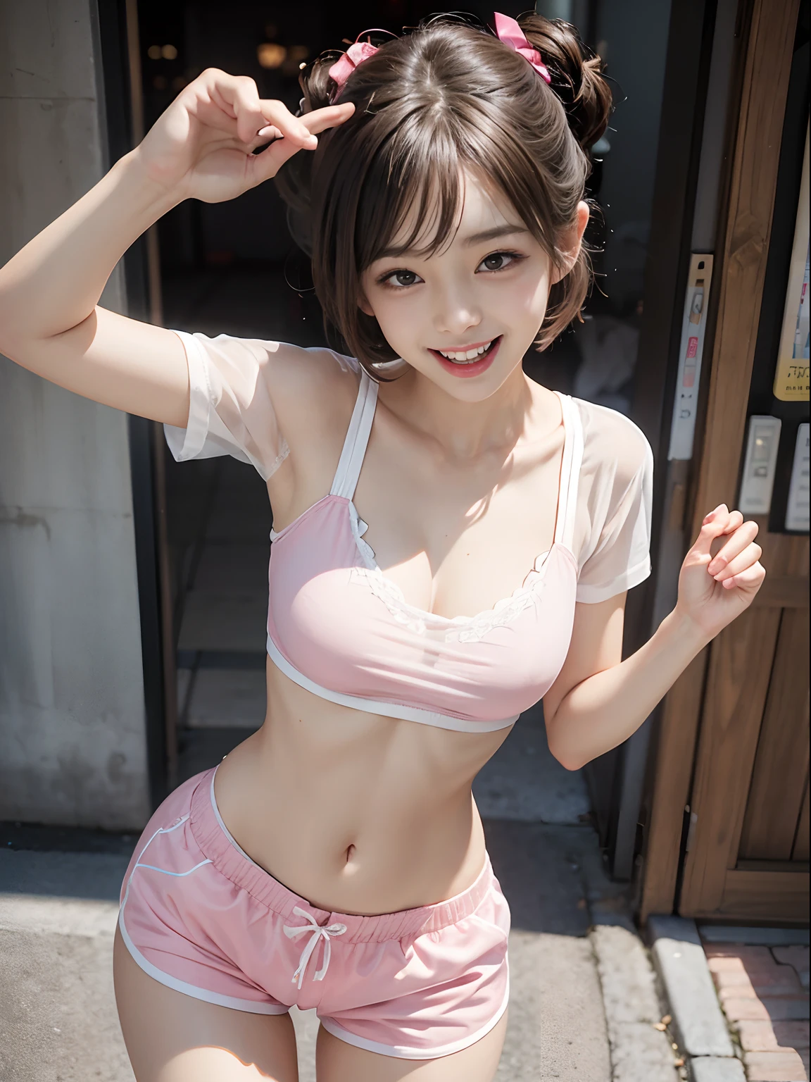 Short cut cute lady 2 knots　Underwear is visible through pink shorts　undergarment　Transparent　Clothes are sheer、Smile full of happiness、Expression in a state of excitement、yawning being、panting、Looks happy、eye glass