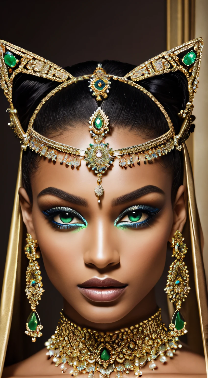 A breathtaking high-fashion symmetrical portrait of a strikingly unique model with deep emerald eyes, adorned with intricate golden facial jewelry and wearing an avant-garde gown made of shimmering pearlescent fabric. The ethereal lighting highlights the model's flawless smooth skin, while the backdrop showcases a surreal mix of glassy and rough textures. Captivate viewers with a touch of fantasy and glamour in this enthralling and opulent photograph.