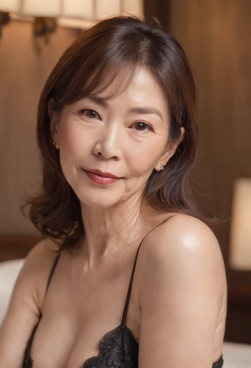 ((aunt:0.9))、(Old face:0.9)、((Full body))、Beautiful legs、(Gross slip:1.5)、(plump shiny lips:1.3)、((Beautiful Japan 55 years old standing naked))、A smile、Laughter wrinkles、(((In a detailed luxury hotel、Beautiful western style suite background with luxurious décor)))、(((Black bra and black panties)))、(Colossal tits：1.2)、Gravure photography、Photo Pose、(Shiny face、Sexy face、美丽的面容)、((detailed bodyline、Beautiful body line、Wrinkles at the corners of the eyes、Shorthair、55-year-old married woman、real looking skin、Photo Real、Detailed picture、high-level image quality、、Precise images))