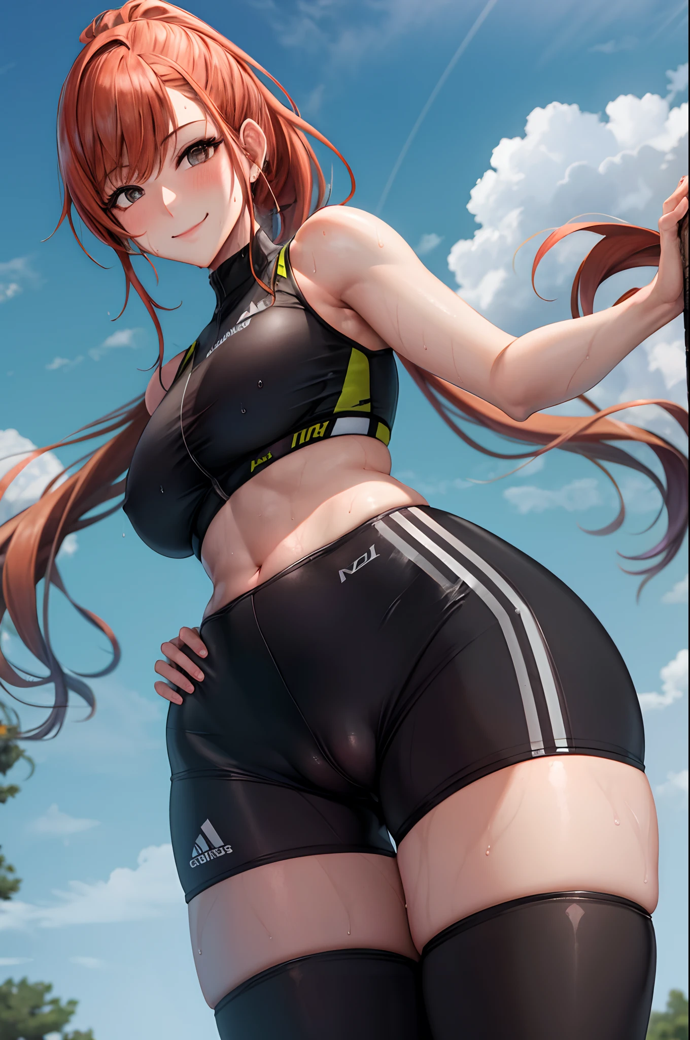 masterpiece, best quality, arisugawa natusha, 1girl, solo, standing, smile, bangs, breasts, orange hair, looking at viewer, masterpiece, best quality, cowboy shot, standing, wide waist, thighs, thick thighs, big ass, high ponytail, sidelocks, black crop top, (short sports pants cameltoe:1.1), (sweat:1.1), sweaty wet transparent clothes:1.2, pokies:1.4, outside, tree, sky, cloud, day