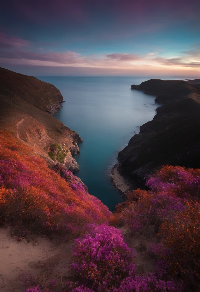 (Obra maestra, La mejor calidad:1.4), cinematiclight, De color, alto contraste, neon, Cielo, luz del sol, Espacio, Playa, ola, sin personas, Expansive landscape photography, (A view from below showing the sky above and the sea below uses a lot of purple and orange, Detalles, Warm colors and vibrant Japanese anime style