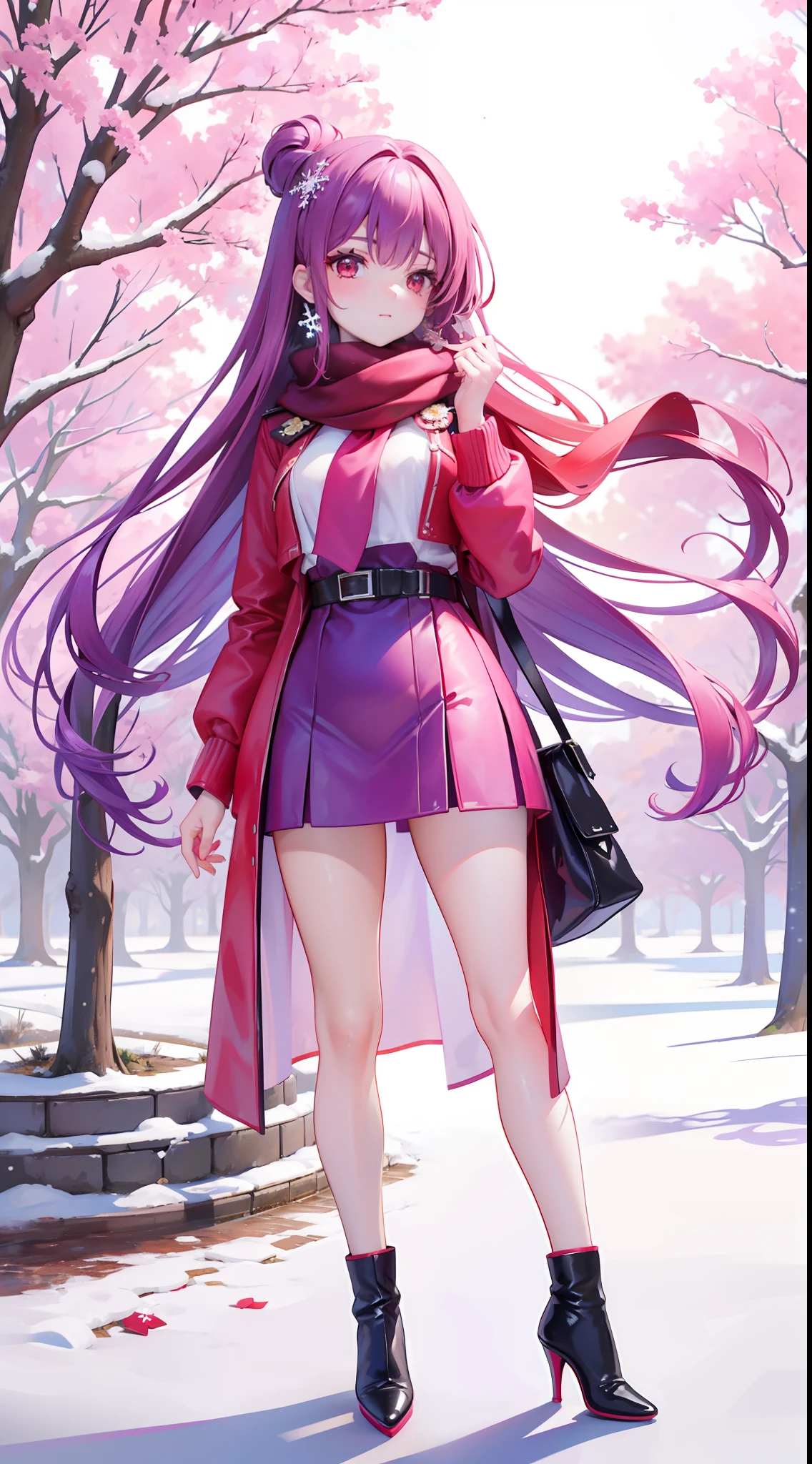 A peerless beauty，Beautiful facial features，putting makeup on，Blushlush，（Gorgeous Hair in Long Purple，Red eyes，Red down jacket，Purple scarf），high-heels，（Fuyuhime love song，plane trees，Snowflakes flying，White snow），Realiy，modern day，Portrait photo，Get close to the lens，depth of fields，stand posture