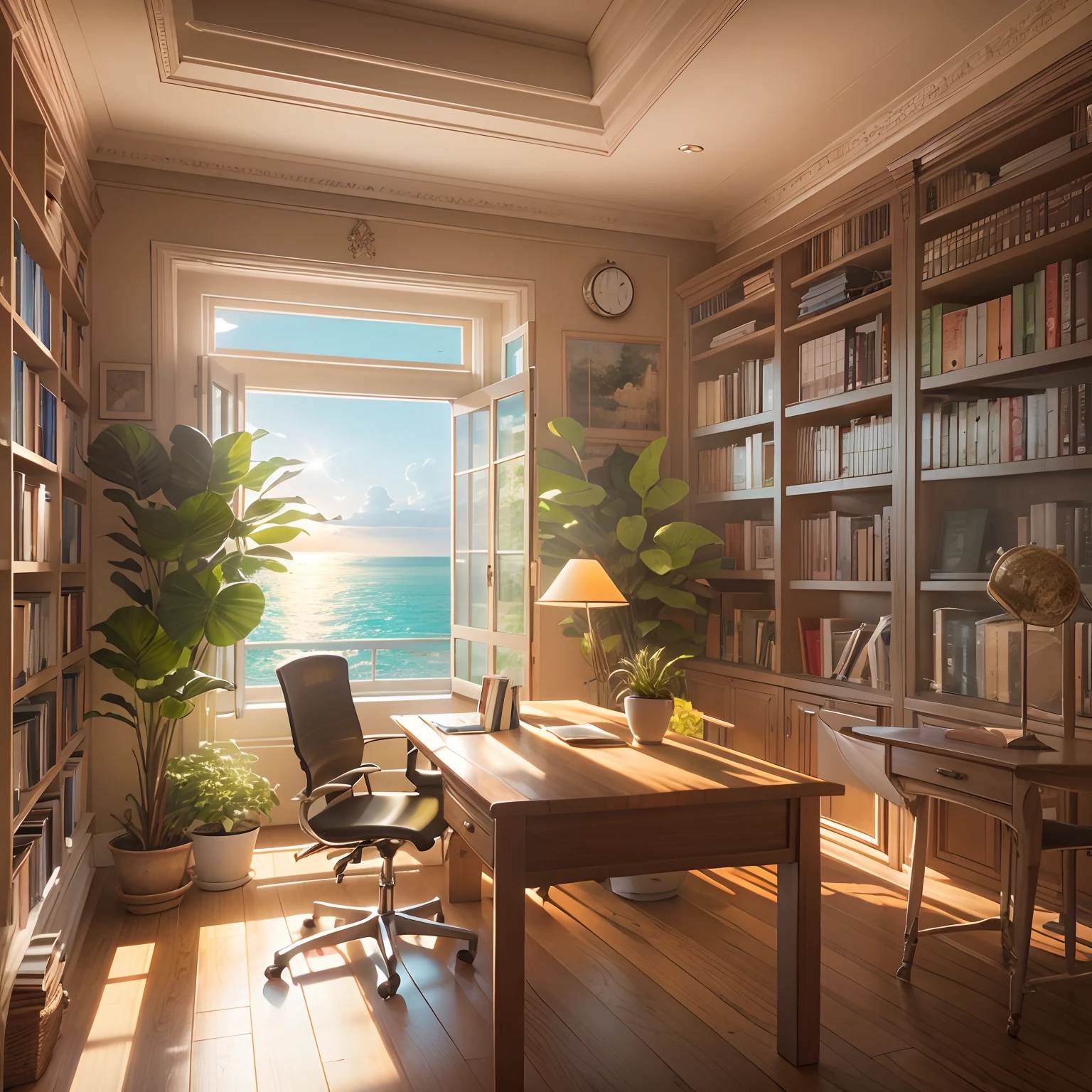 study room, bookshelves, Study desk, a plant,rays of sunshine, Sea view from the window. k hd, the detail, best qualityer.