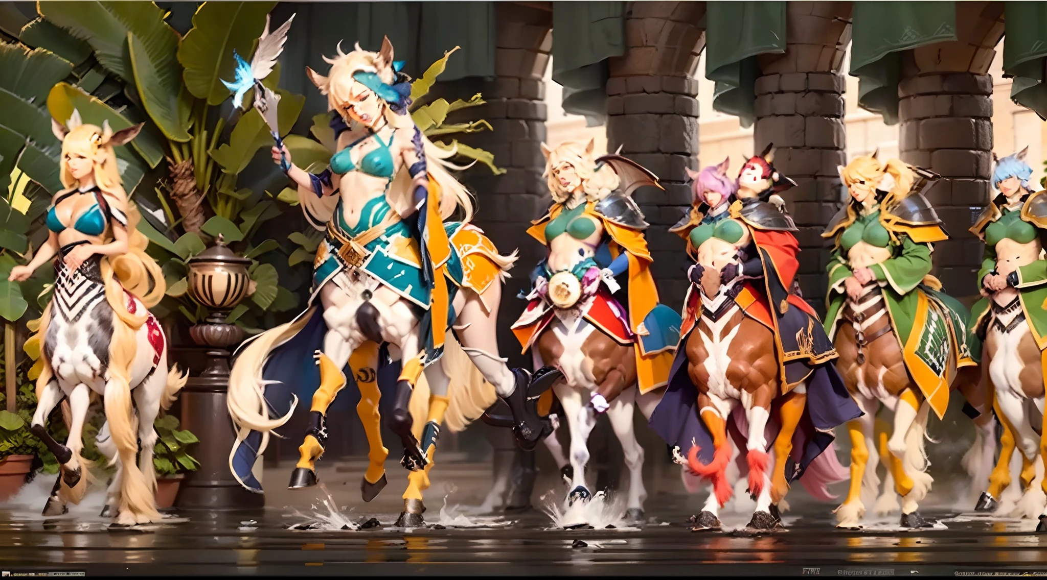 In the beautiful illustration of this super-grand scene,The ultra-distant lens shows us(Over eight separate and distinctive centaur characters:9.9),They all have their own characteristics,Vivid and interesting。Radiant from the heavens(Angelic centaurs:6.6),To nightmarish is(Centaurs surrounded by flames:6.6)、And then to the wind dancing in the air(Fairy centaurs:6.6)、And thunder and lightning surrounding(One-horned centaur:6.6),and shining metallic ones(Mechanical style centaur:6.6)、And then(A centaur with colorful dragon scales covering the whole body:6.6)The power is powerful、Elegant and agile(Elf centaur's slenderness:6.6)Gracefully wears a flower crown、Enchanting and charming(Tiflin centaurs:6.6)、Have the indescribable(Raised sexy:6.6)'s(Succubus centaurs:6.6)。Each character has their own unique charms and abilities。The illustration uses advanced artistic techniques and tools,(Use nesting、woven、stitching、ssee-through、arrange、grouping、Storyboards and other methods,Divide the scene into sections by geometric arrangement:9.9),Each section corresponds to a centaur character,This makes more efficient use of space。Through Midjourney's advanced brush tools、Color palette、Material packs and model packs、Texture tools,For each centaur, beautiful props are designed to increase racial characteristics、Clothing and physical features,(Enhances the character's personality and visual appeal:2.5),The scenery in the illustrations is stunning,There are changing skies、rainbowing、extreme light、Stars and Moon。Incorporating iconic landmarks such as Mount Everest,and fireworks、tranquil lake、Natural and urban elements of waves and neon lights,Creates a magical atmosphere,The centaurs display their unique abilities and equipment in a variety of environments,This is true even in extreme alien landscapes。(Use Midjourney's tools、Material packs、Texture tools、The color palette makes depicting details vivid and realistic:9.9),From complex hairstyles and as well as different racial traits、Body、Ap