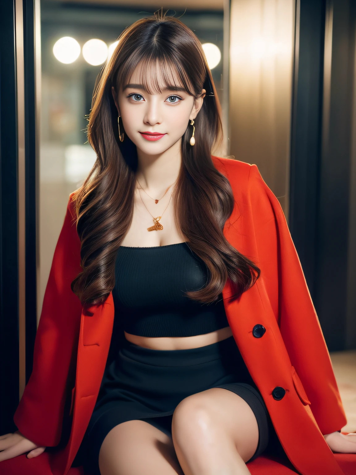 (((32K,very high res, high detailing, highly accurate,Masterpiece Girl 1))),Raw photo & realistic atmosphere,beautiful dark blue eyes,Detailed mouth,Glossy lips,Detailed eyebrows,Soft white skin that shines with every detail,,Eyes drawn in detail、Very beautiful eyes with azure eyes,Detailed lips、Very beautiful face,Very well-formed face、Lifelike face,shiny beautiful lips,Beautiful eyebrows,Infinite reality,Best design,（Insanely cute Japan 16-year-old girl,,Beautifully shaped breasts,Very cute beautiful girl,Little Girl：1.5）,Best Natural Makeup,Japanese ido,Korean Idols,Young sensual idol,Moist eyes,Dark beautiful eyes,Beautiful butt,beauty legs,,camel's foot,：1.3),超A high resolution、,Natural and realistic face,Back lighting,Pure eyes are too cute,(((photorealisim,Photograph the whole body))),,Reality Live Action,（Fashionable earrings,,a necklace,A bracelet,gyuru,Glossy nail art,College Girl Fashion,bright red coat with beautiful design,sexy underwear,Black skirt,Bright red pumps,Black pantyhose,Gold hair ornament,Show me your beautiful thighs,Calm and fashionable girl,light brown hair,Wave shortcuts,独奏,Lori,little smiling,full body Esbian,Show full-body fashion,sitting cross-legs,Show red pump：1.7）,Night in Shibuya
