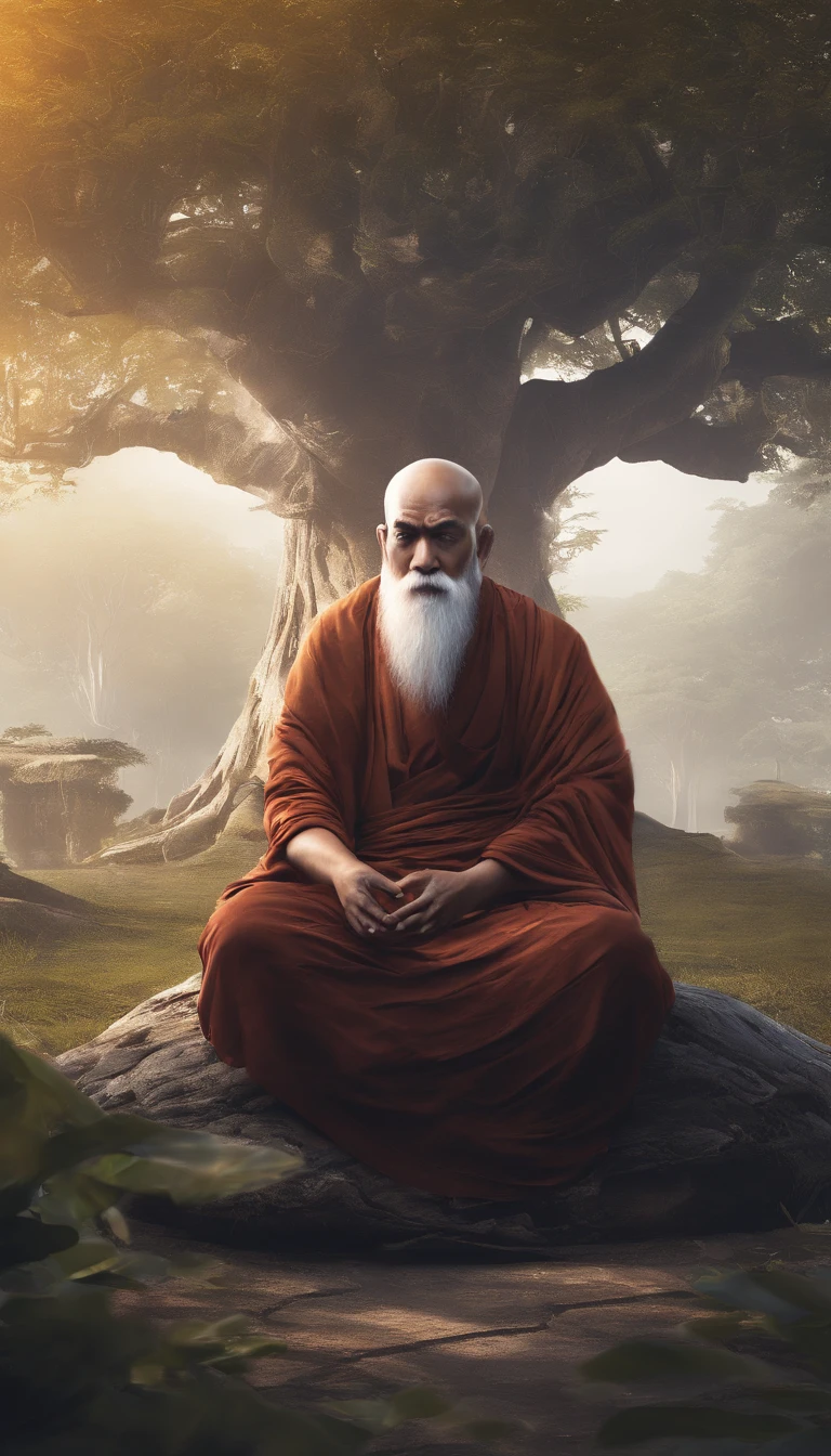 An old monk sits under banyan tree ,Extremely old monk,(Pray in a lotus pose),Buddhist monk meditation, (front view),front angle,Big light,hinduism,Beautiful image,epic cinematic shot,Ultra photo realsisim,8K