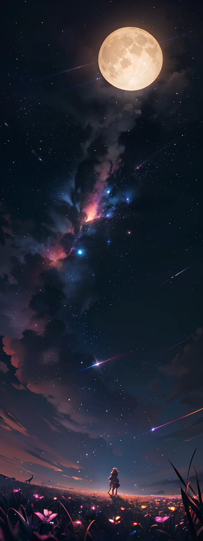 A wide landscape photo, (viewed from below, the sky is above, and the open field is below), a girl standing on a flower field looking up, (full moon: 1.2), (meteor: 0.9), (nebula: 1.3), distant mountains , Trees BREAK Crafting Art, (Warm Light: 1.2), (Firefly: 1.2), Lights, Lots of Purple and Orange, Intricate Details, Volumetric Lighting BREAK (Masterpiece: 1.2), (Best Quality), 4k, Ultra Detailed, (Dynamic Composition: 1.4), Rich in Detail and Color, (Rainbow Color: 1.2), (Glow, Atmospheric Lighting), Dreamy, Magical, (Solo: 1.2) --auto --s2