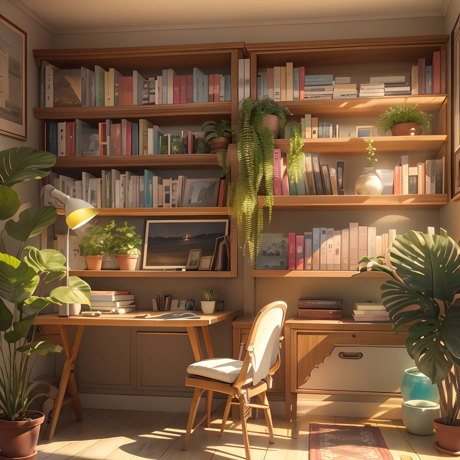 study room, bookshelves, Study desk, a plant,rays of sunshine, Sea view from the window. k hd, the detail, best qualityer.