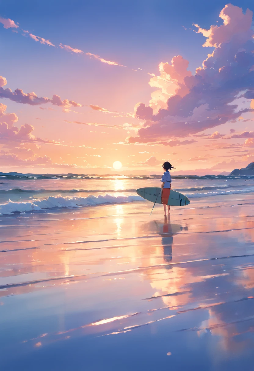(best quality,4k,8k,highres,masterpiece:1.2),ultra-detailed,(realistic,photorealistic,photo-realistic:1.37),bright vivid colors,ocean,beach,sunrise,morning light,waves crashing,surfboard,seagulls,fresh breeze,silhouette of a lone figure,peaceful atmosphere,serene beauty,splashing water,soft golden hues,gentle ripples,calm waves(1.1),sparkling reflections,tranquil scene,orange and pink sky,beautifully painted clouds,serenity,happiness,tranquility,sound of waves,relaxing moment