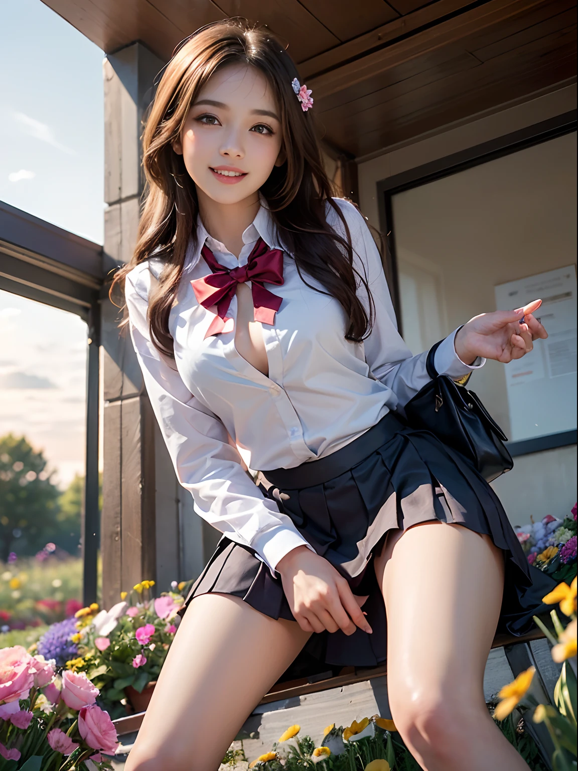 (1young girls), Brown hair, (extremely detailed beautiful face), Amazing face and eyes, (Best Quality:1.4), (Ultra-detailed), (extremely detailed CG unified 8k wallpaper), Highly detailed, High-definition raw color photos, Professional Photography, Realistic portrait, Amazing face and eyes, Pink eyes, (High School Uniform, Pleated mini-skirt:1.3), ((High school uniform with open chest)), Model, shyly smile, Sitting, (Open your legs), (((Bokeh))), depth of fields, depth of fields, ((grass field, Flower Garden)), (Surrounded by many flowers, Flowers:1.5), Twilight, Sunset, (View from below:1.3),Smile full of happiness、Expression in a state of excitement、yawning being、panting、Looks happy