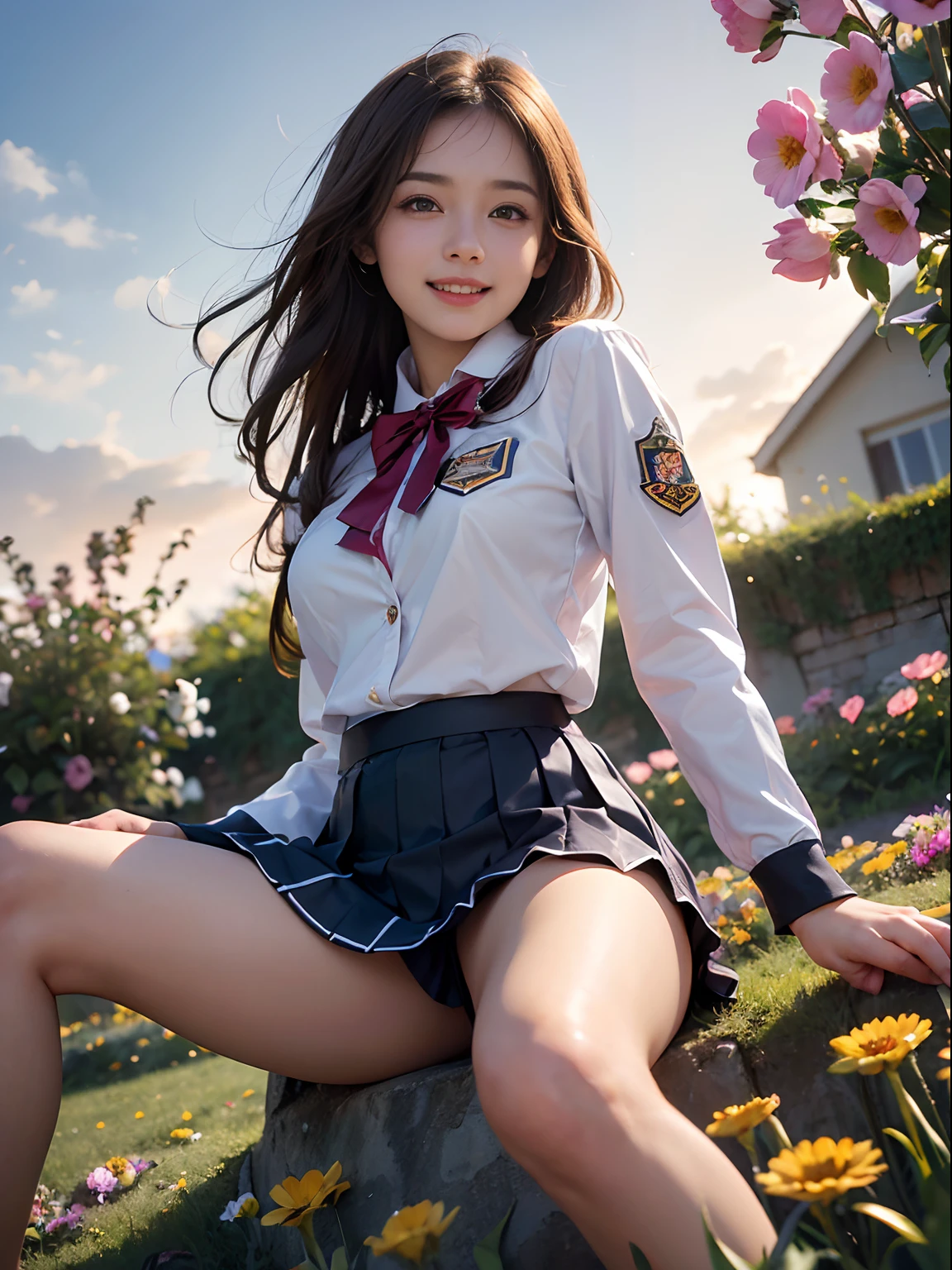 (ung girls), Brown hair, (extremely detailed beautiful face), Amazing face and eyes, (Best Quality:1.4), (Ultra-detailed), (extremely detailed CG unified 8k wallpaper), Highly detailed, High-definition raw color photos, Professional Photography, Realistic portrait, Amazing face and eyes, Pink eyes, (High School Uniform, Pleated mini-skirt:1.3), ((High school uniform with open chest)), Model, shyly smile, Sitting, (Open your legs), (((Bokeh))), depth of fields, depth of fields, ((grass field, Flower Garden)), (Surrounded by many flowers, Flowers:1.5), Twilight, Sunset, (View from below:1.3),Smile full of happiness、Expression in a state of excitement、yawning being、panting、Looks happy